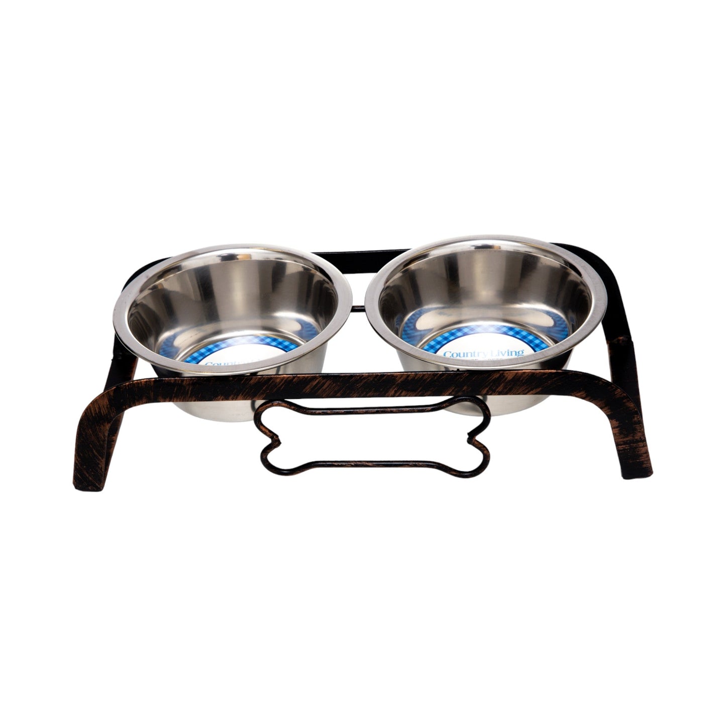 American Pet Supplies rustic elevated dog feeder with two stainless steel bowls and bone-shaped design