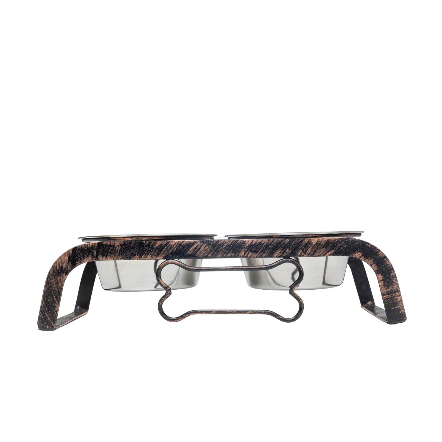 American Pet Supplies rustic elevated dog feeder with two stainless steel bowls and bone-shaped metal frame