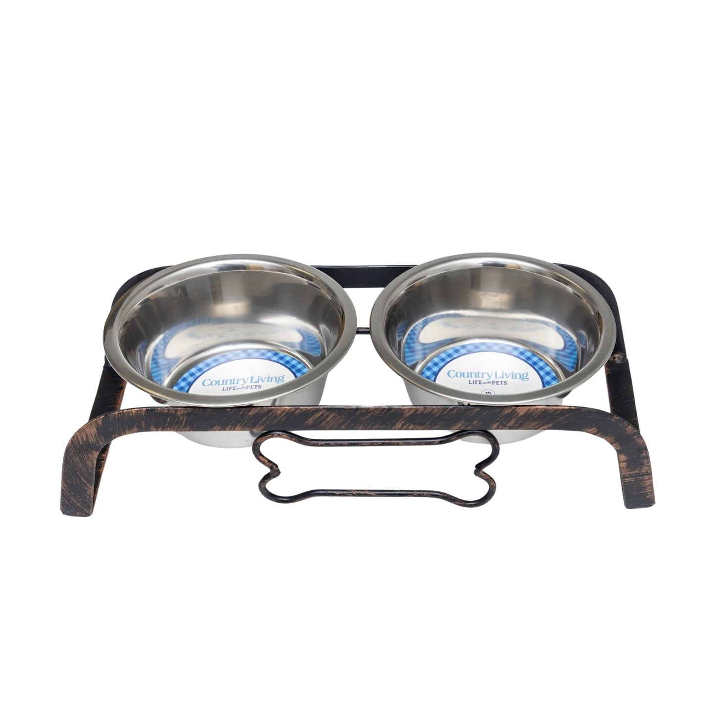 American Pet Supplies rustic elevated dog feeder with two stainless steel bowls and metal bone-shaped frame