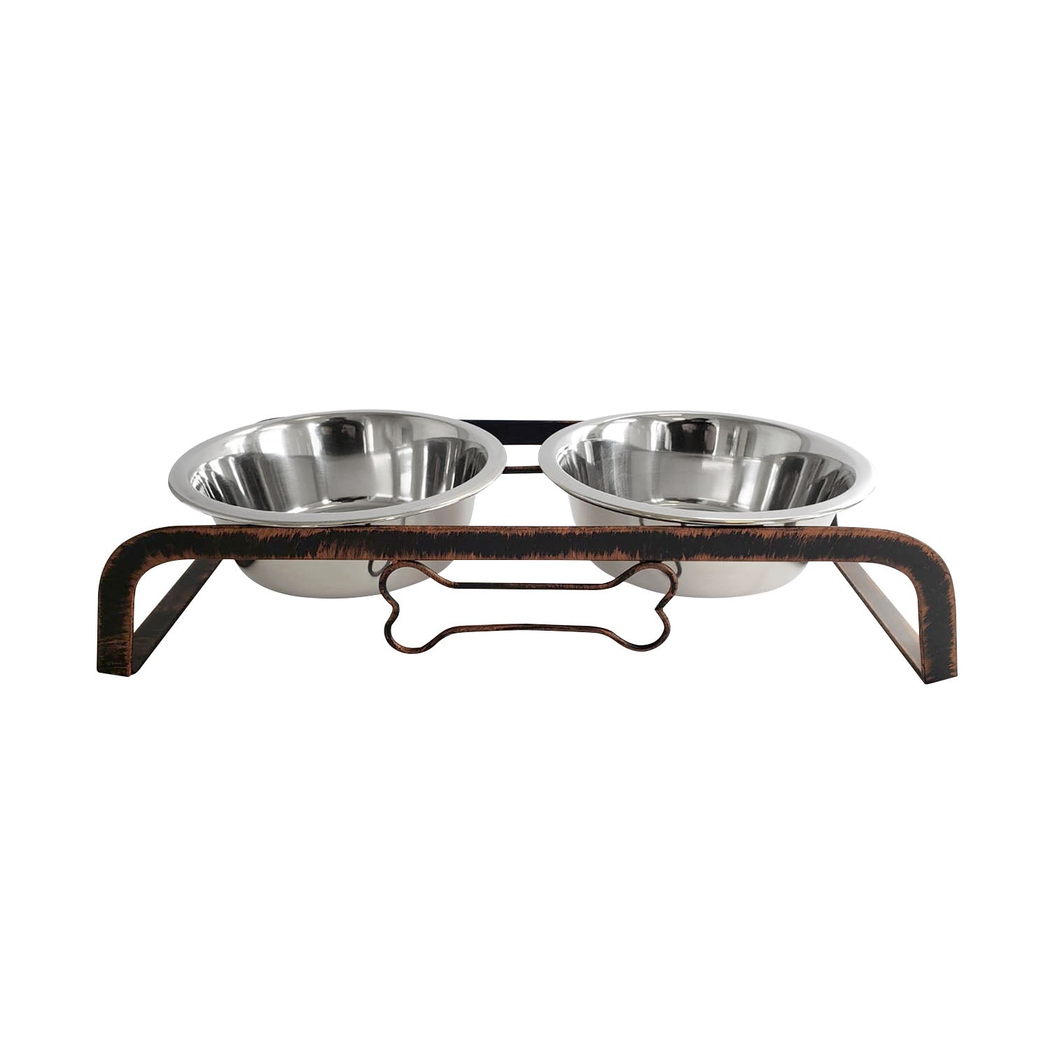 American Pet Supplies rustic elevated dog feeder with two stainless steel bowls and bone-shaped detail