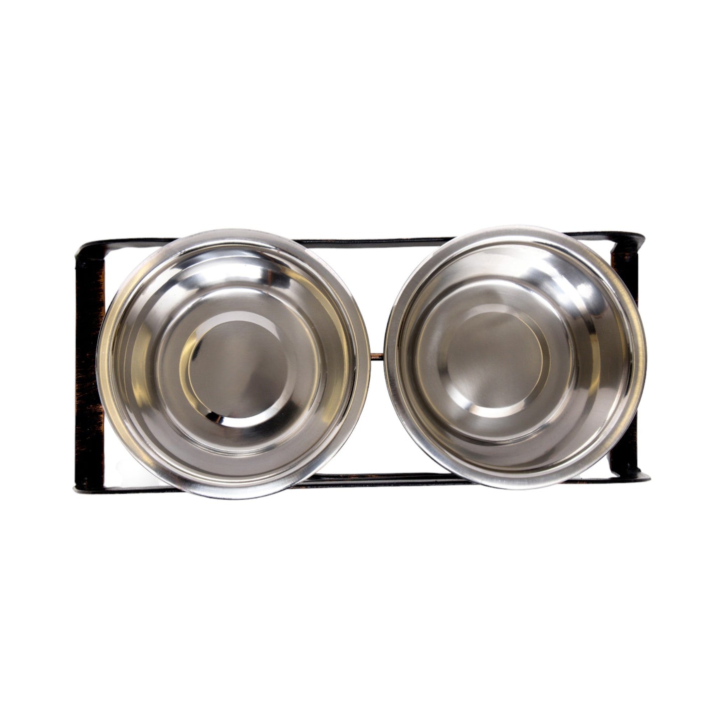 American Pet Supplies rustic elevated dog feeder with two stainless steel bowls and metal frame