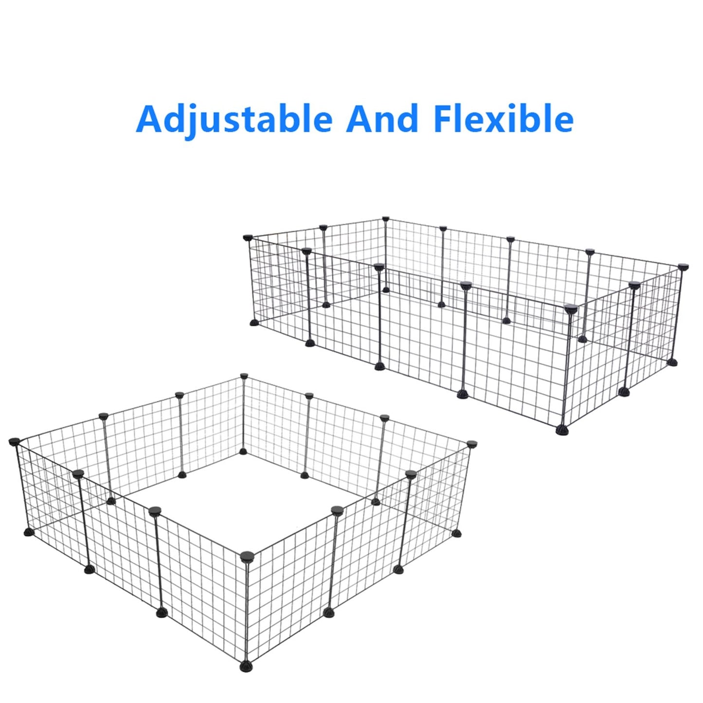 Adjustable and flexible small animal playpen made of black wire grid panels for pets