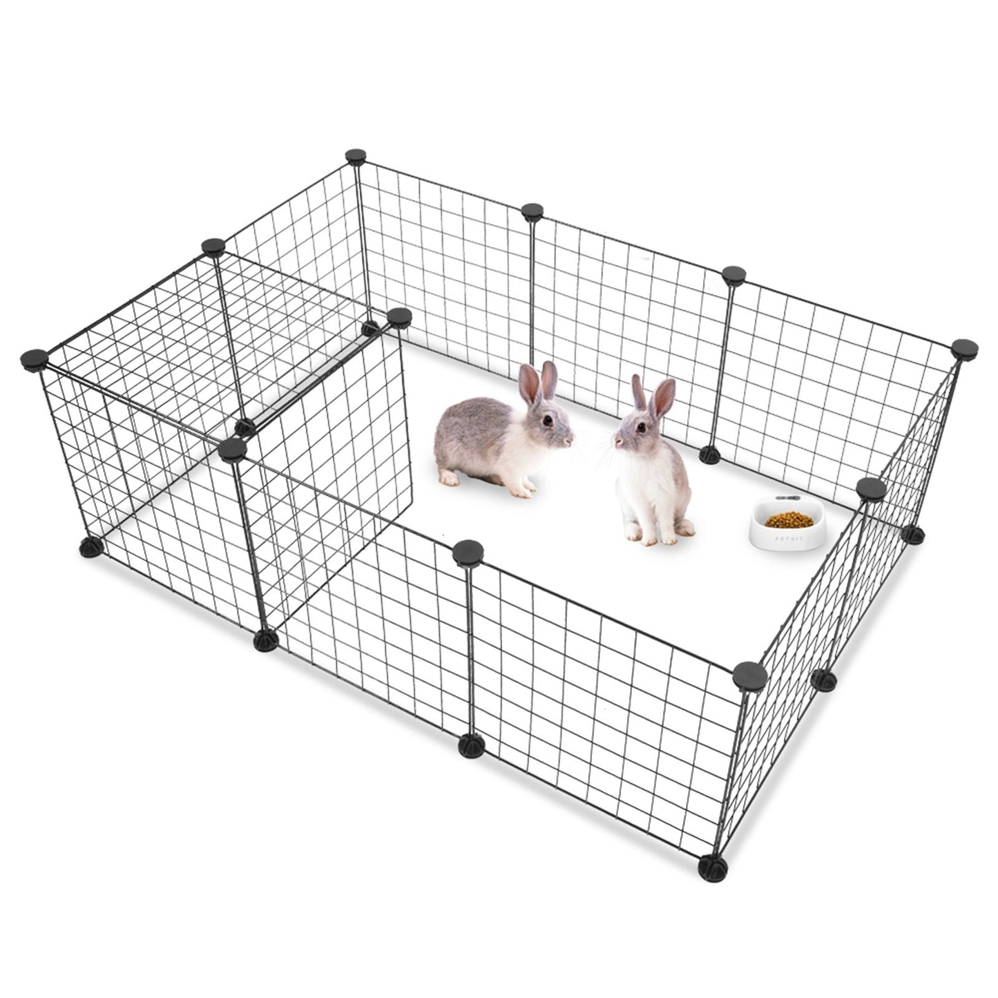 Small animal playpen by PawCounter.com with two rabbits and food bowl inside a black wire enclosure