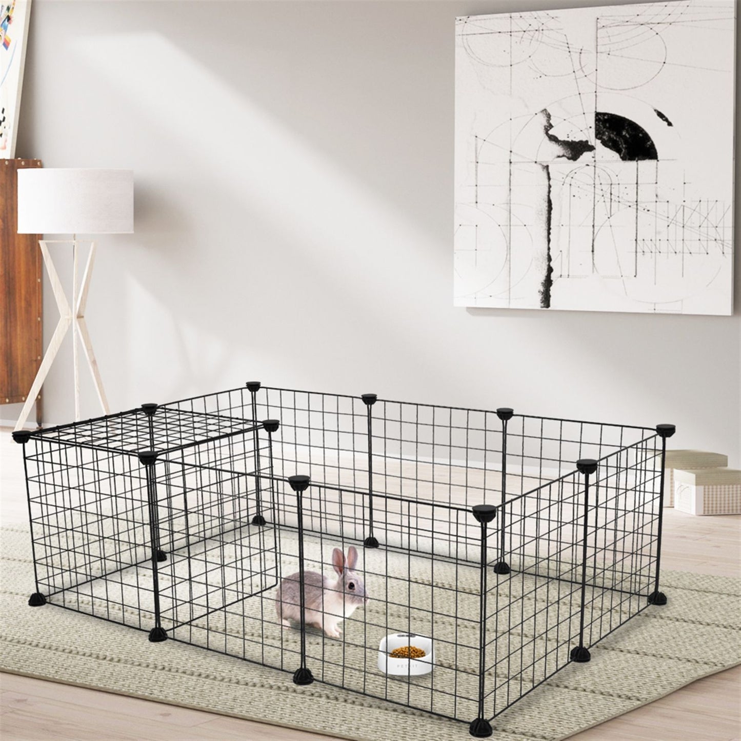 Black wire small animal playpen with rabbit inside on a carpet in a modern living room