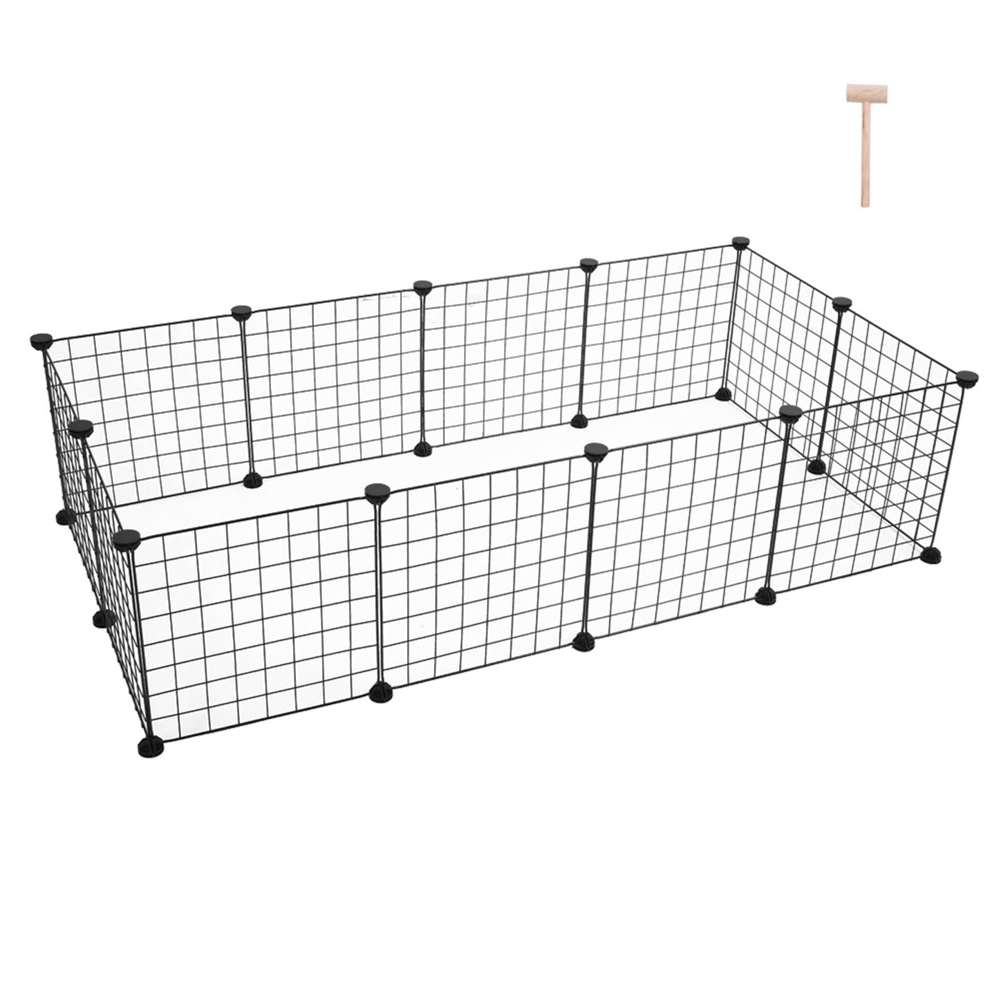 Black metal wire small animal playpen with modular panels and wooden hammer for easy assembly