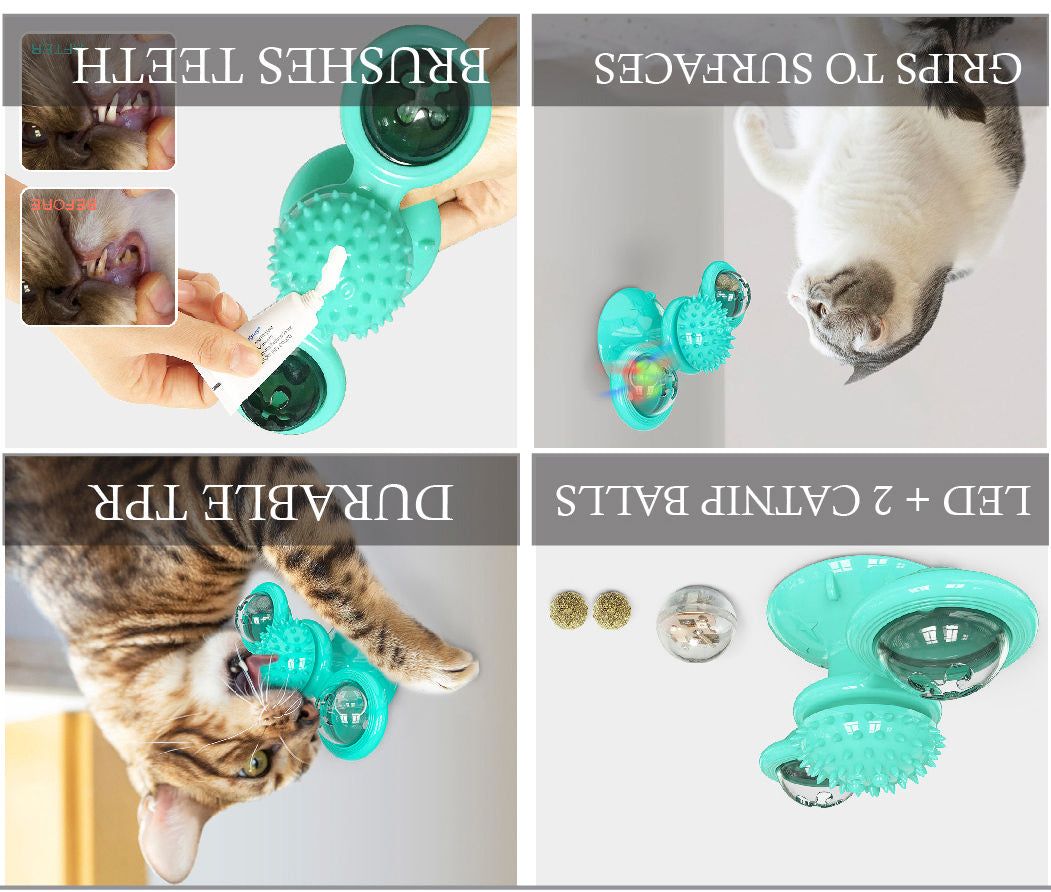 PawCounter.com spinning cat toy in teal with LED and catnip balls for interactive pet play