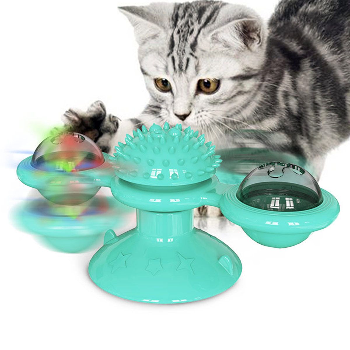 Gray tabby kitten playing with turquoise spinning cat toy with textured center and spinning balls
