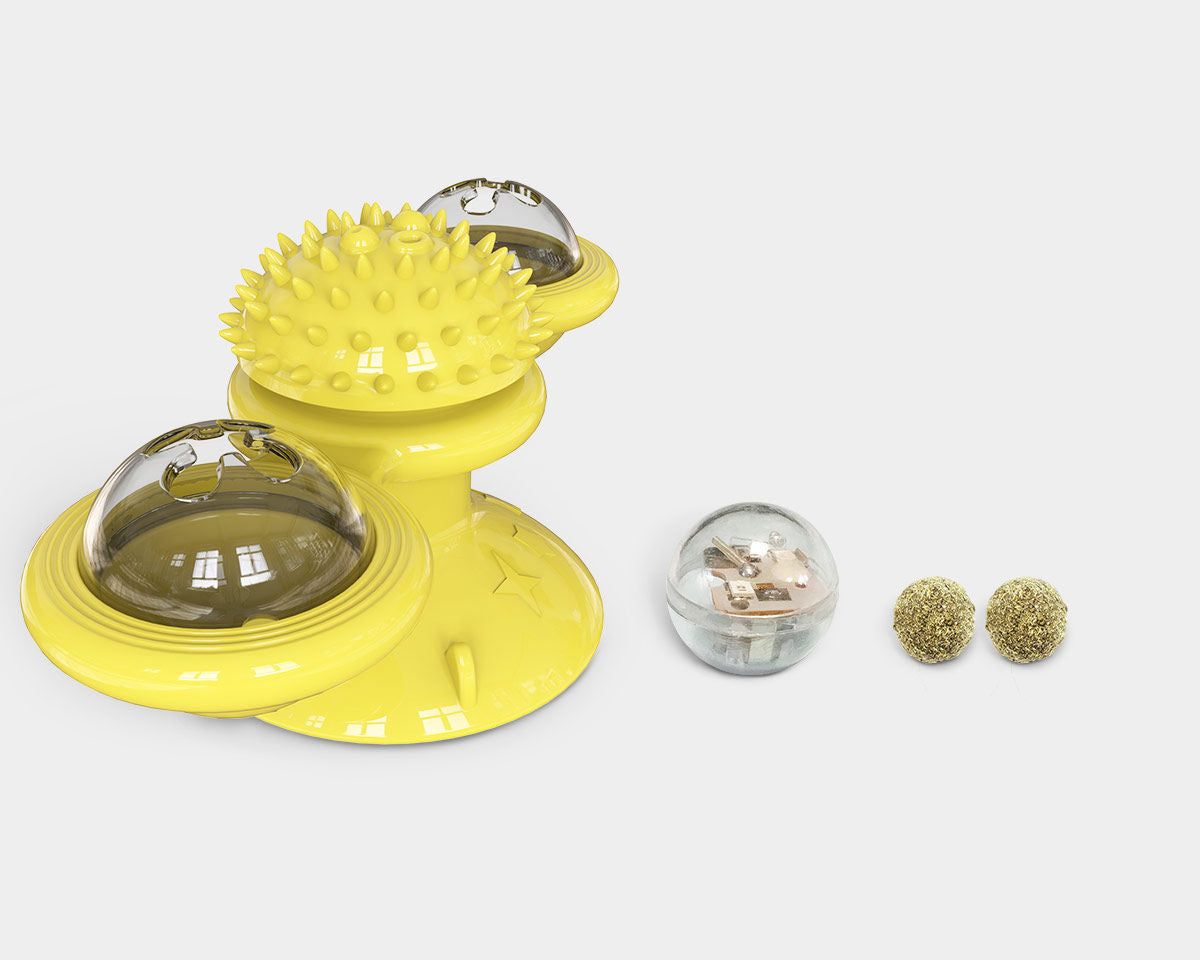 Yellow spinning cat toy with textured surface and balls for interactive cat play from PawCounter.com