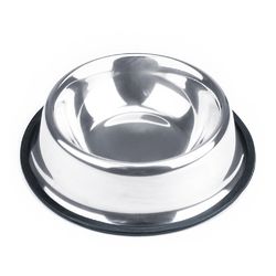 Stainless steel dog bowl with non-slip black rubber base for secure feeding
