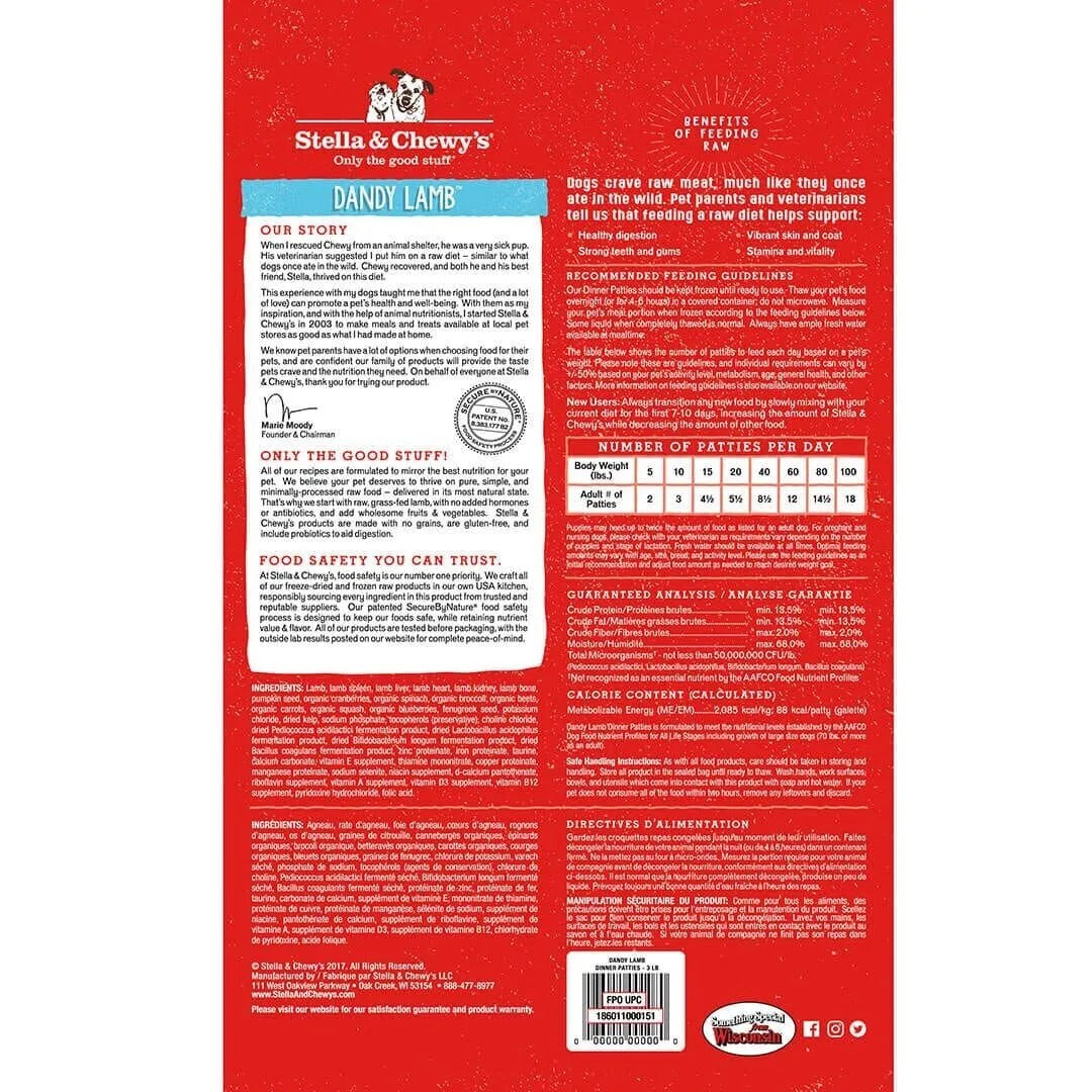 The Family Pet Stella Chewy's Dandy Lamb frozen lamb dog food patties package with detailed feeding and ingredient information