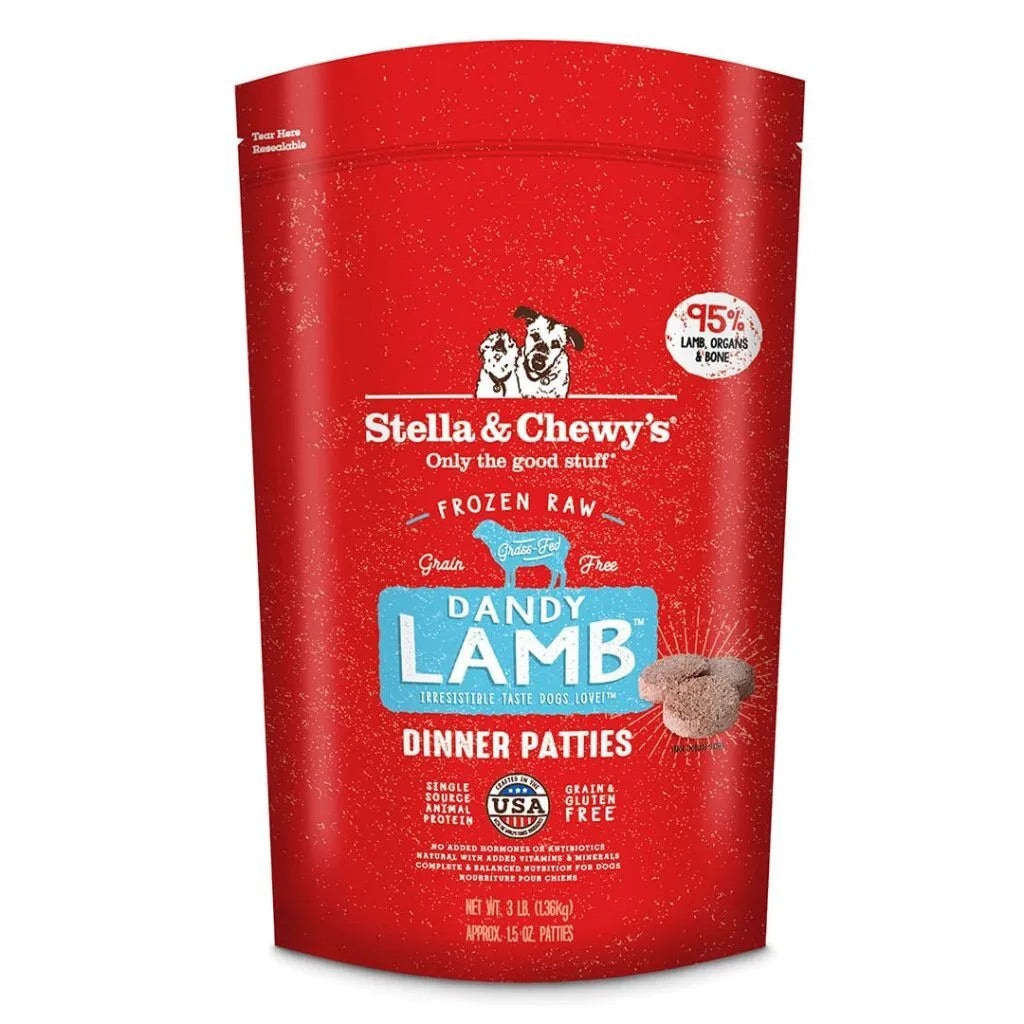 Stella and Chewy's frozen lamb dog food patties grain free raw dinner patties in red packaging