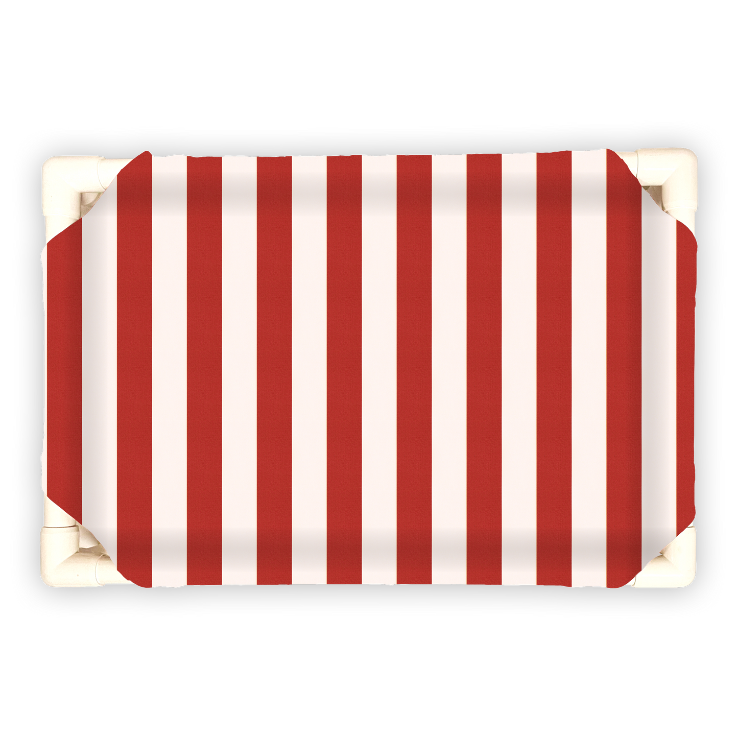 Striped pet bed for Christmas with red and white vertical stripes on a rectangular cushioned surface