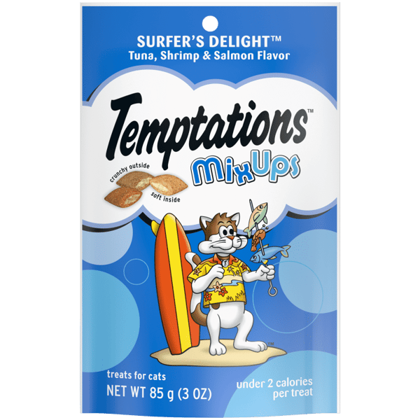 Temptations Mixups Surfers Delight cat treats in a colorful packaging featuring a surfing cat
