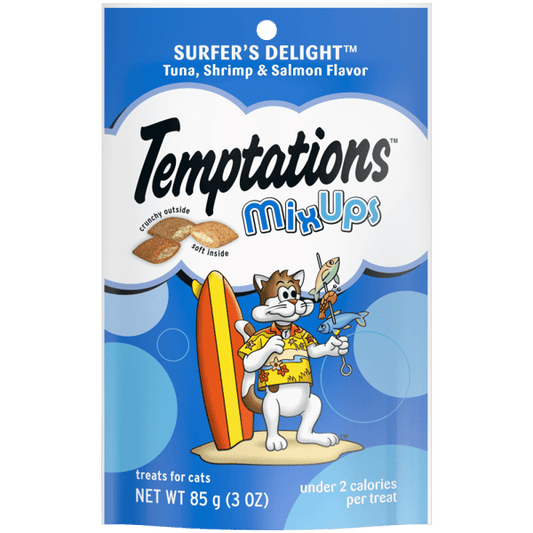 Temptations Mixups Surfers Delight cat treats in a colorful packaging featuring a surfing cat