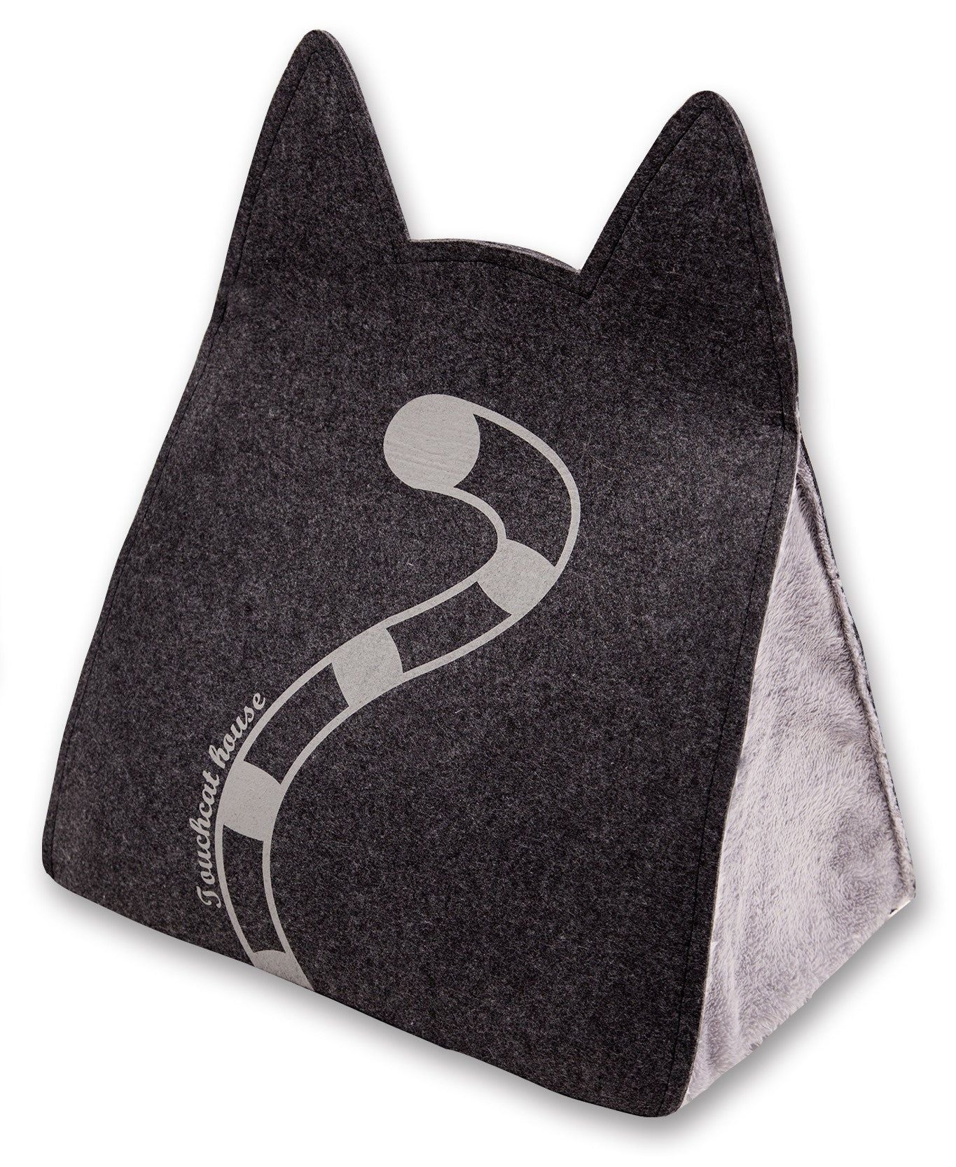 Travel cat house with toy in dark gray felt shaped like a cat with ears and printed tail design