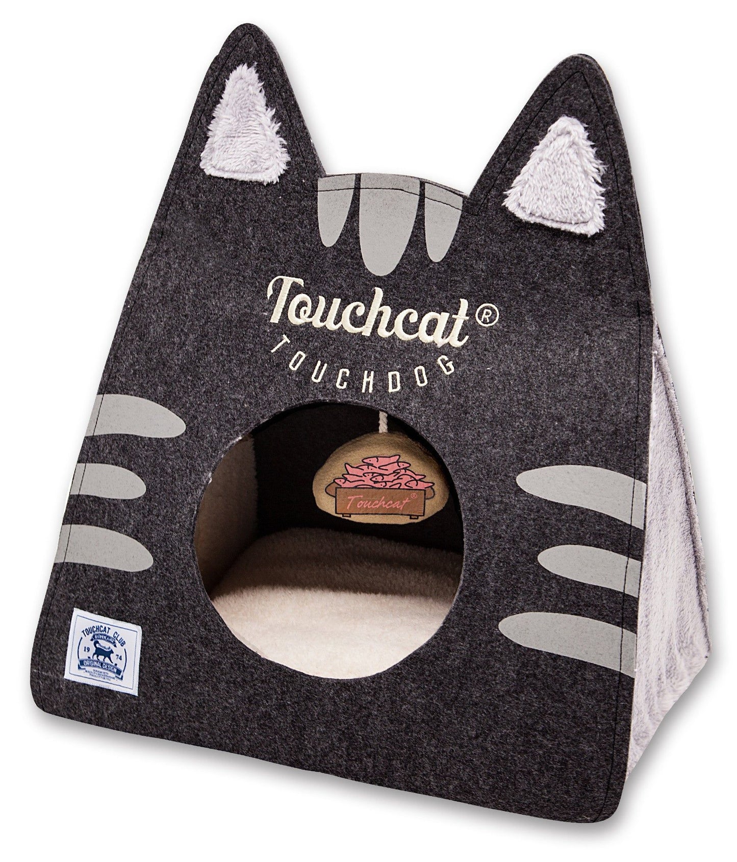 Travel cat house with toy in gray shaped like a cat face with soft interior from PawCounter.com