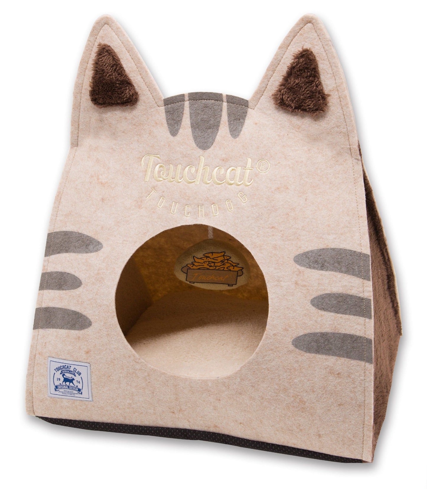 Travel cat house with toy in beige felt shaped like a cat face with soft ears and striped details