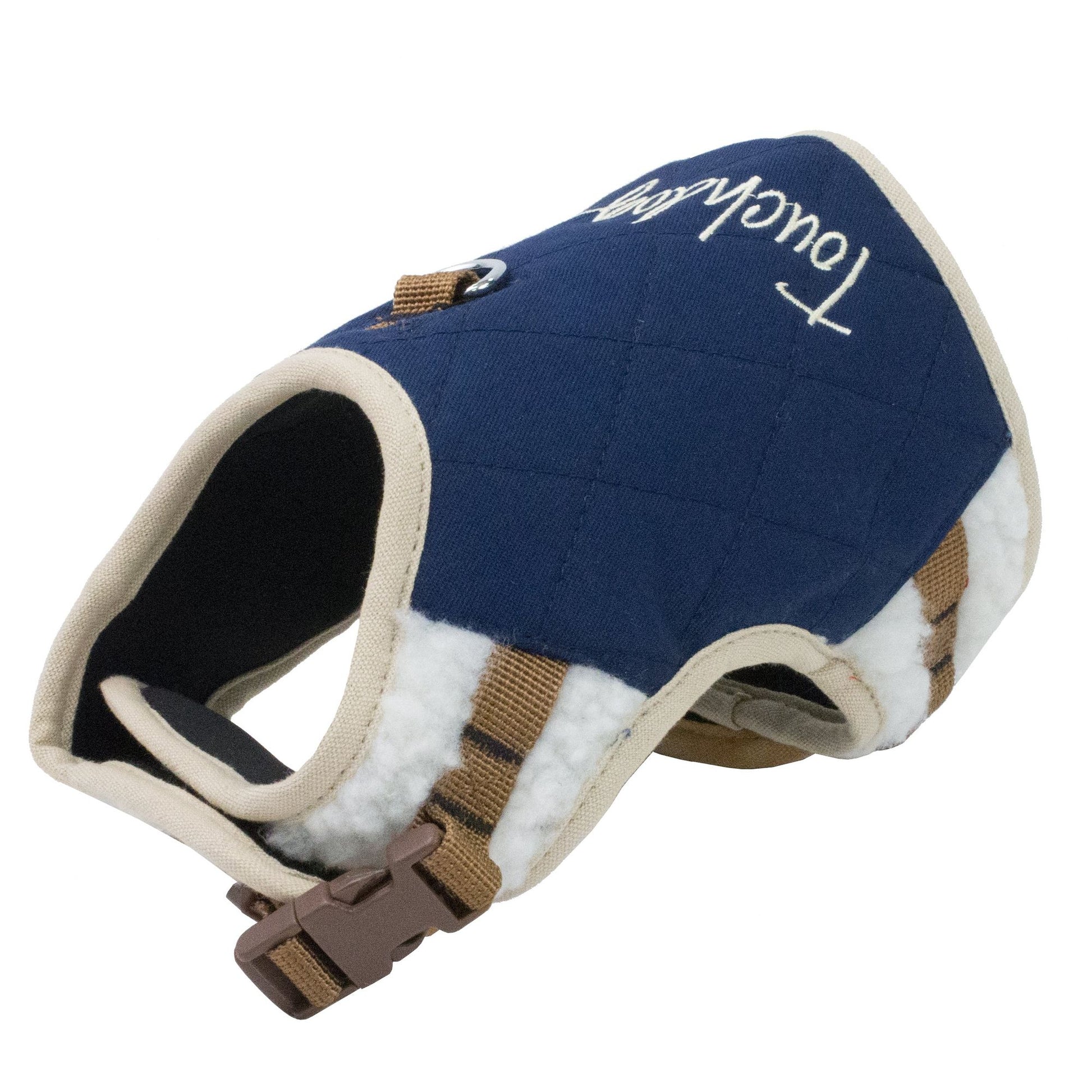 Blue quilted adjustable dog harness and leash with soft padding and secure buckle from PawCounter.com