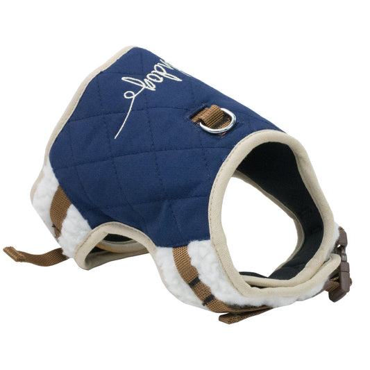 Blue quilted adjustable dog harness and leash with soft lining and secure buckle from PawCounter.com