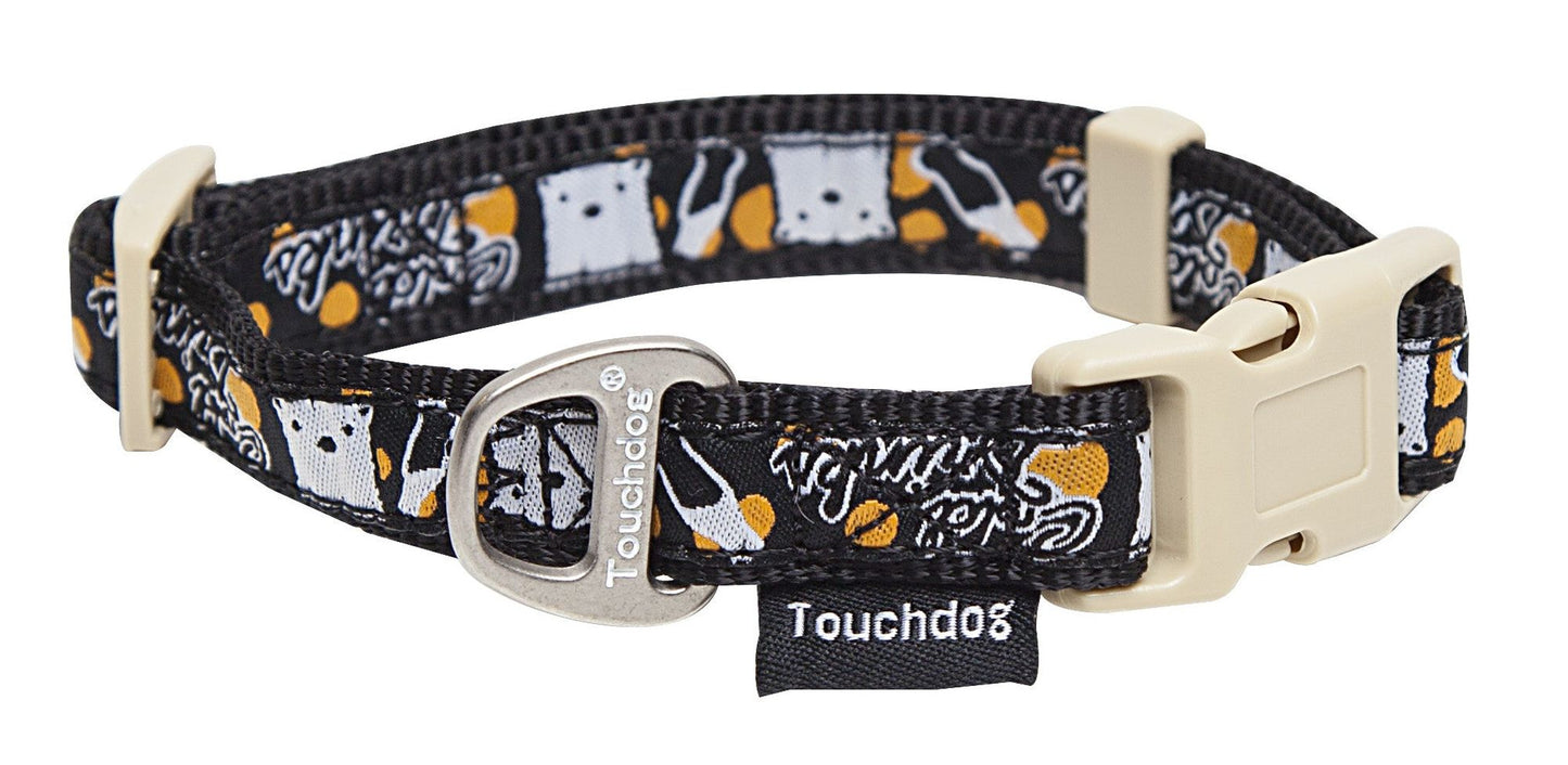 Black and white designer dog leash and collar set with orange accents and durable plastic buckle
