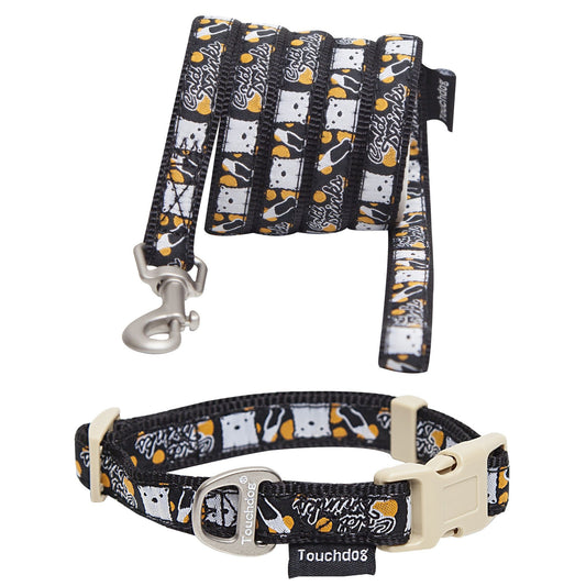 Designer dog leash and collar set with black and white pattern featuring bones and paws from PawCounter.com