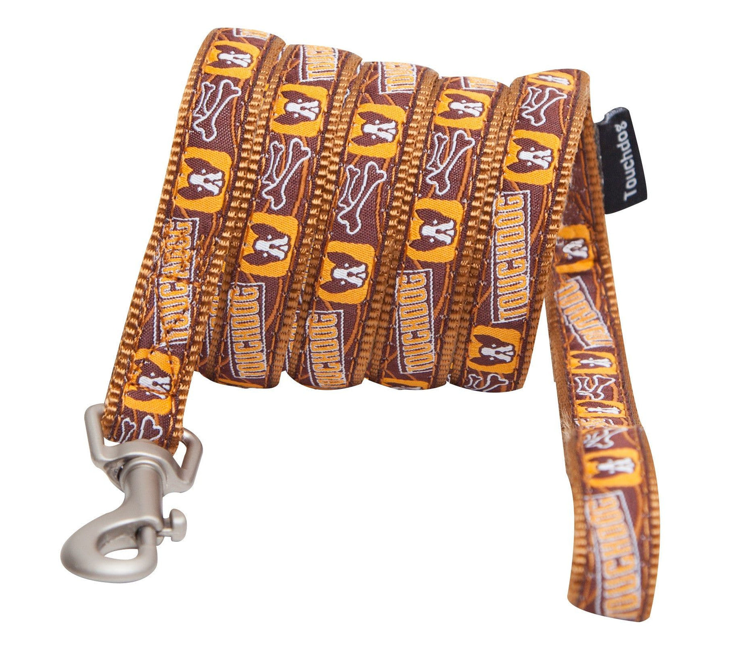 Brown designer dog leash and collar set with white dog and bone patterns from PawCounter.com