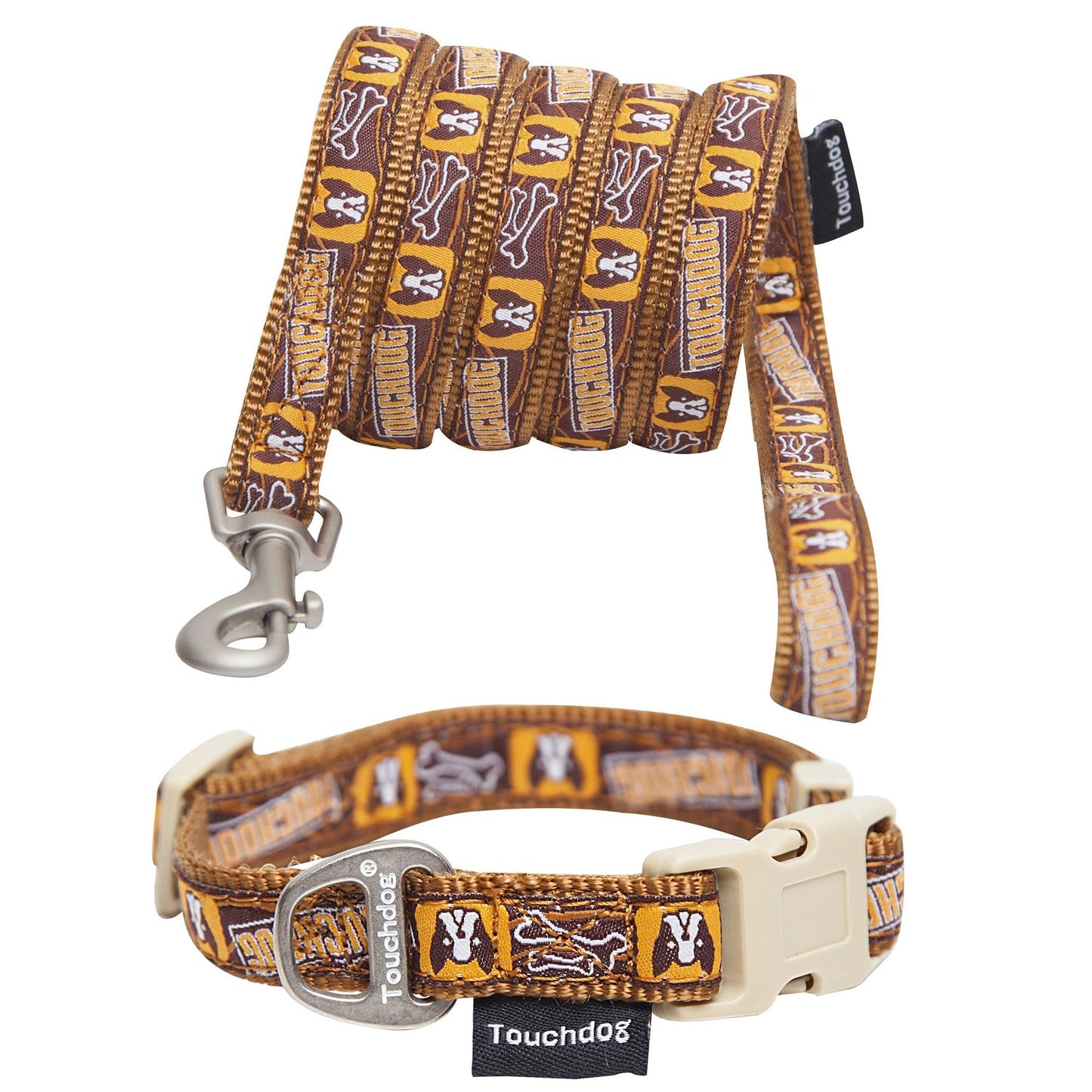Brown designer dog leash and collar set with paw and bone patterns by PawCounter.com