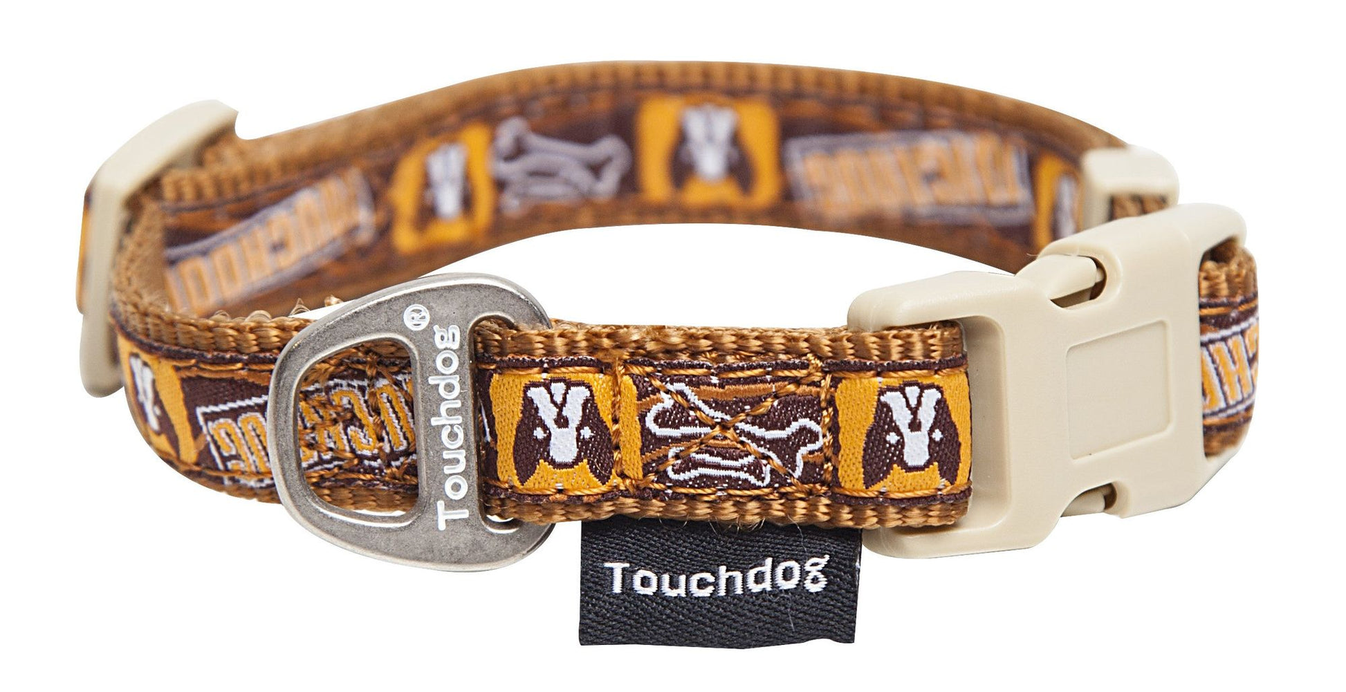Designer dog leash and collar set by PawCounter.com brown collar with dog and bone pattern and plastic buckle