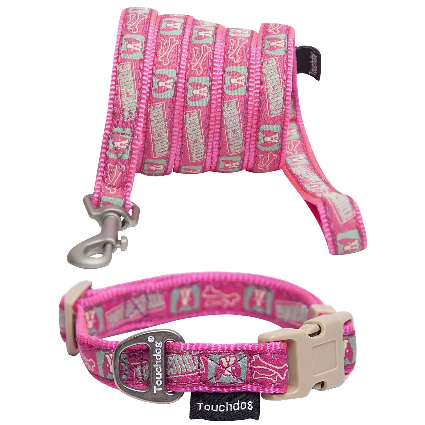 Pink designer dog leash and collar set with bone and paw print pattern from PawCounter.com