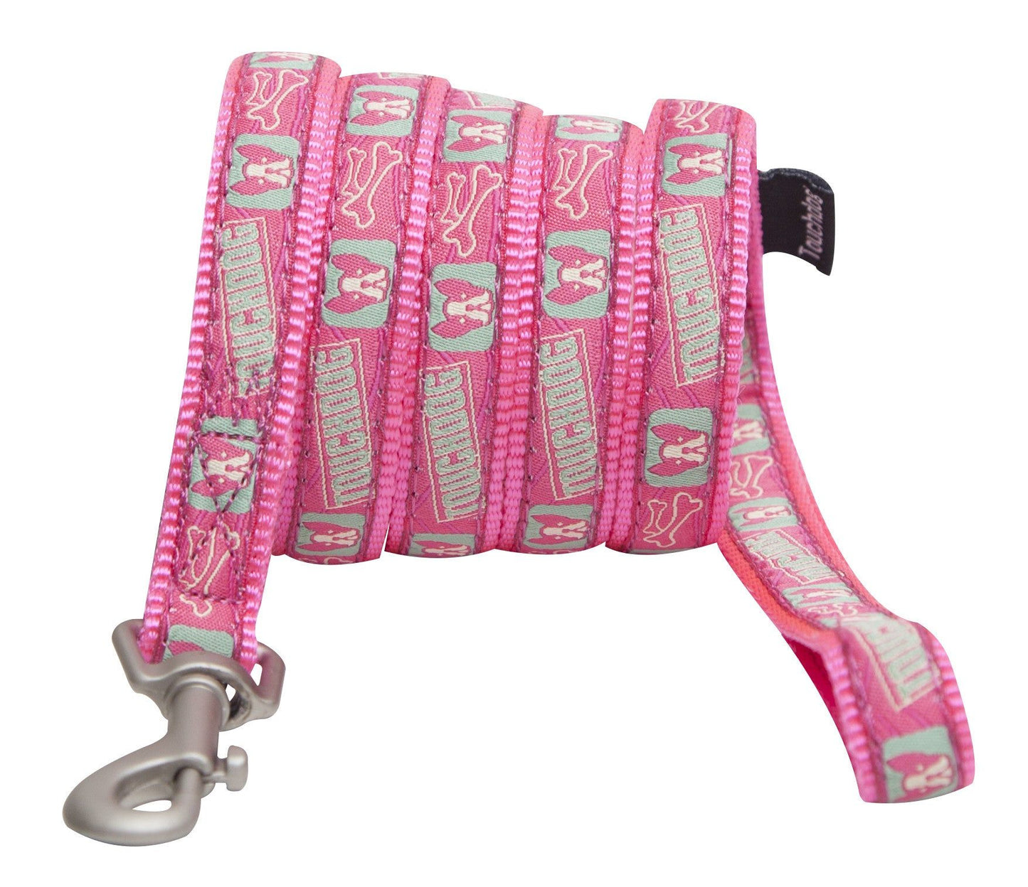 Pink designer dog leash and collar set with bone and paw print patterns by PawCounter.com