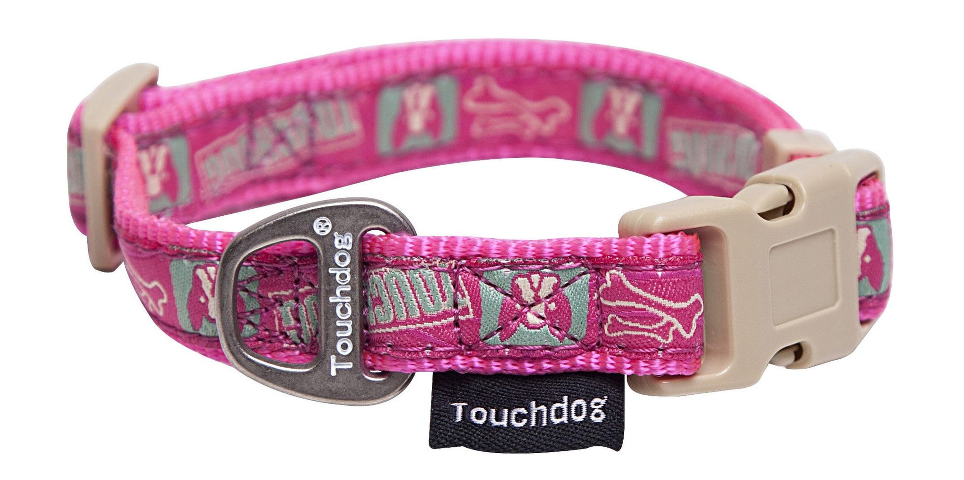 Pink designer dog leash and collar set with bone and paw print pattern by PawCounter.com