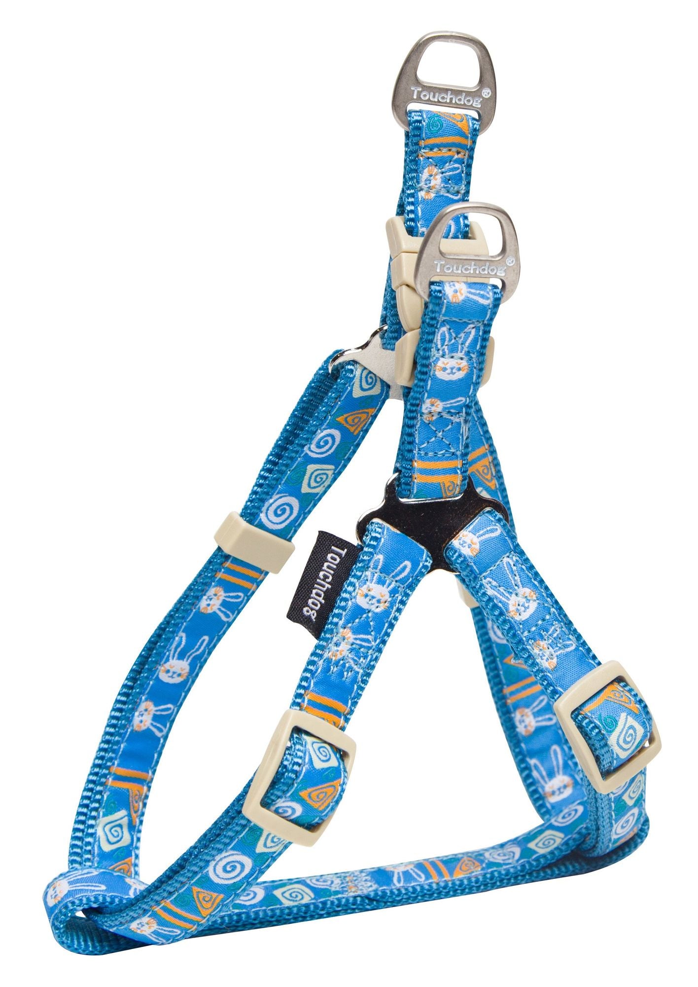 Blue designer dog leash and harness with white bunny and swirl patterns for stylish pet walks