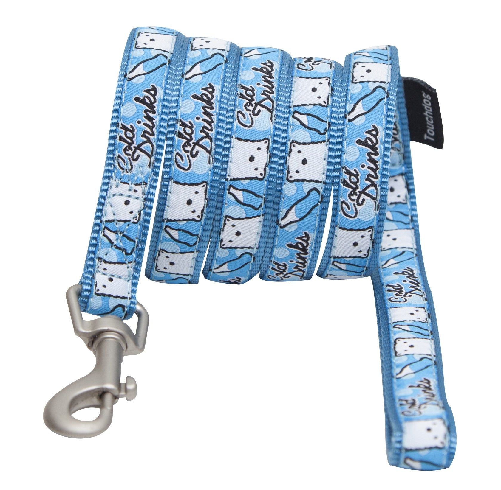 Blue designer dog leash and harness featuring cute white dog pattern and metal clip