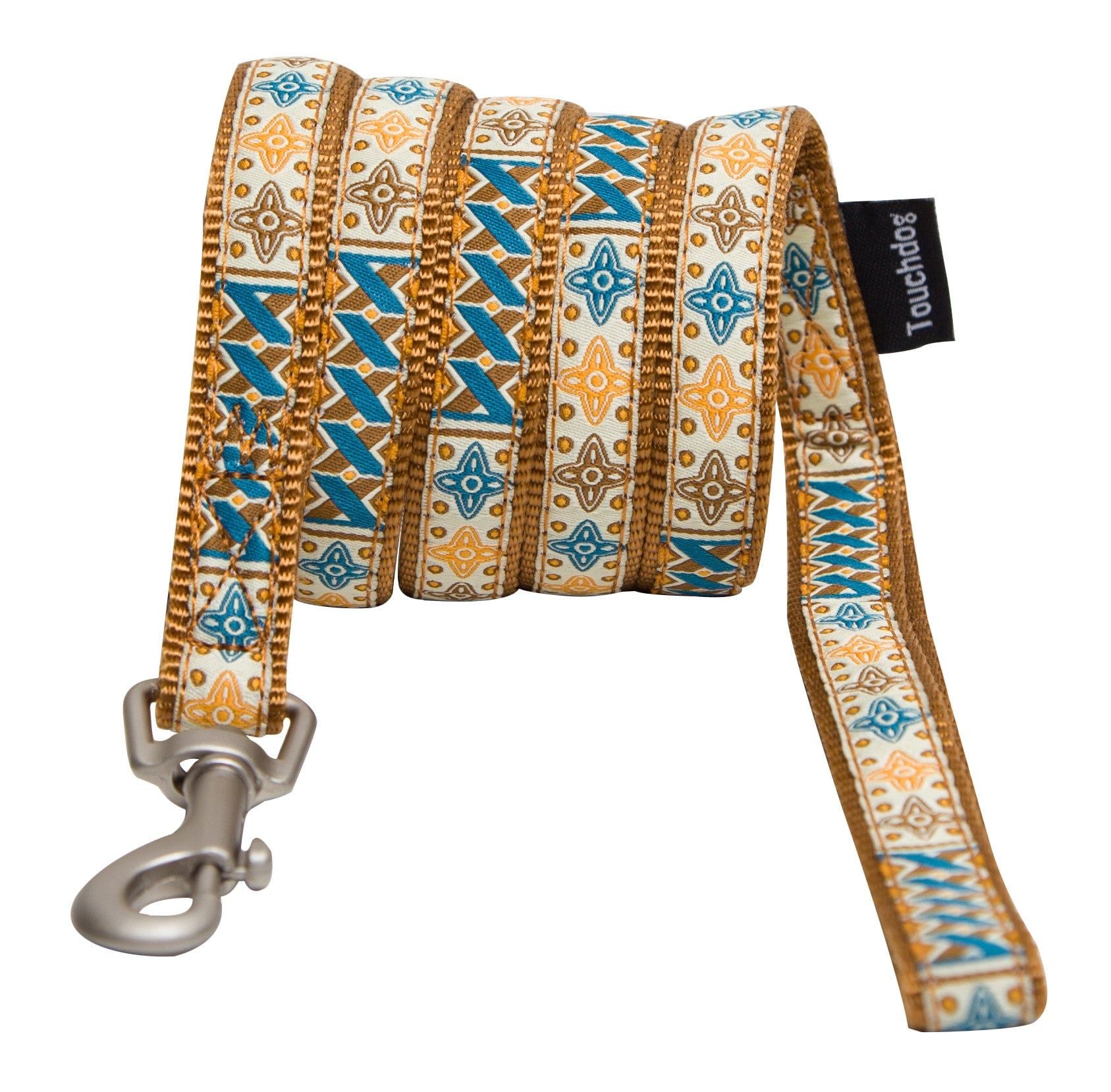 Colorful designer dog leash and harness with geometric pattern and metal clasp from PawCounter.com