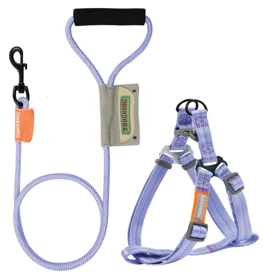 Durable dog harness and leash set in lavender with padded handle and adjustable straps