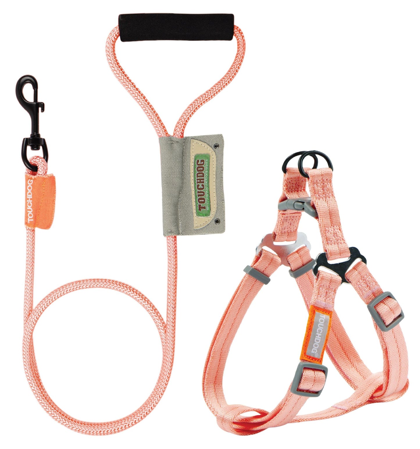 Durable dog harness and leash set in peach with padded handle and adjustable straps