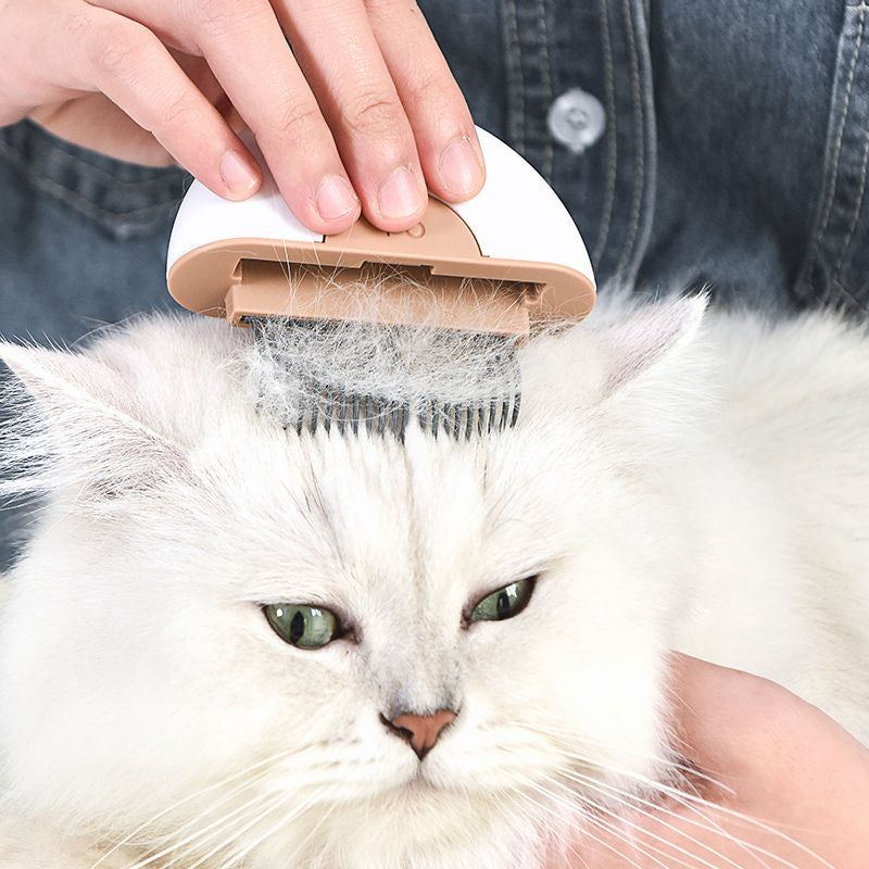 Person using a travel pet grooming comb to remove loose fur from a white long-haired cat