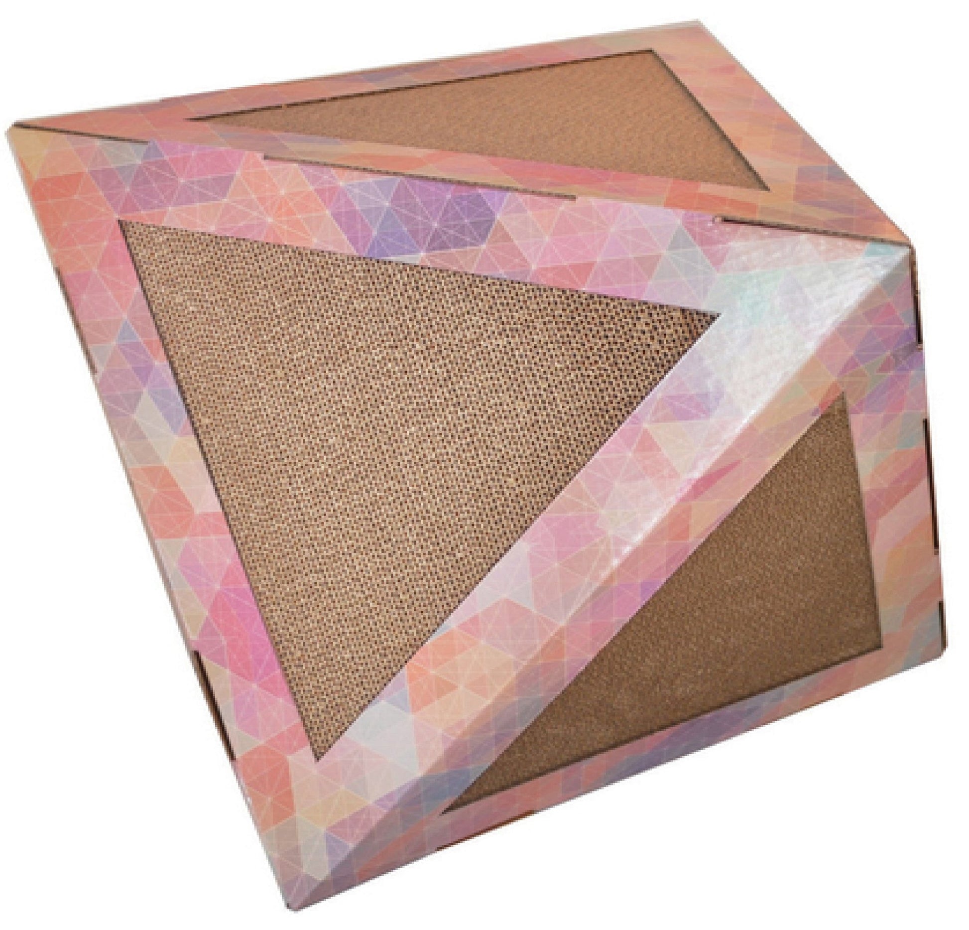 Triangular cat scratcher with colorful geometric patterned edges for cat scratching and play