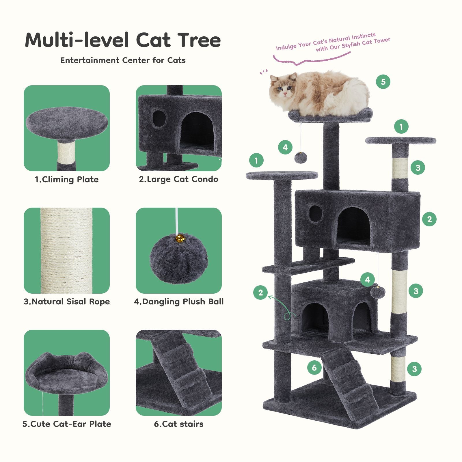 54 inch cat tree tower with multi-level platforms, large condos, sisal rope, dangling plush ball, cat stairs, and cat-ear plate