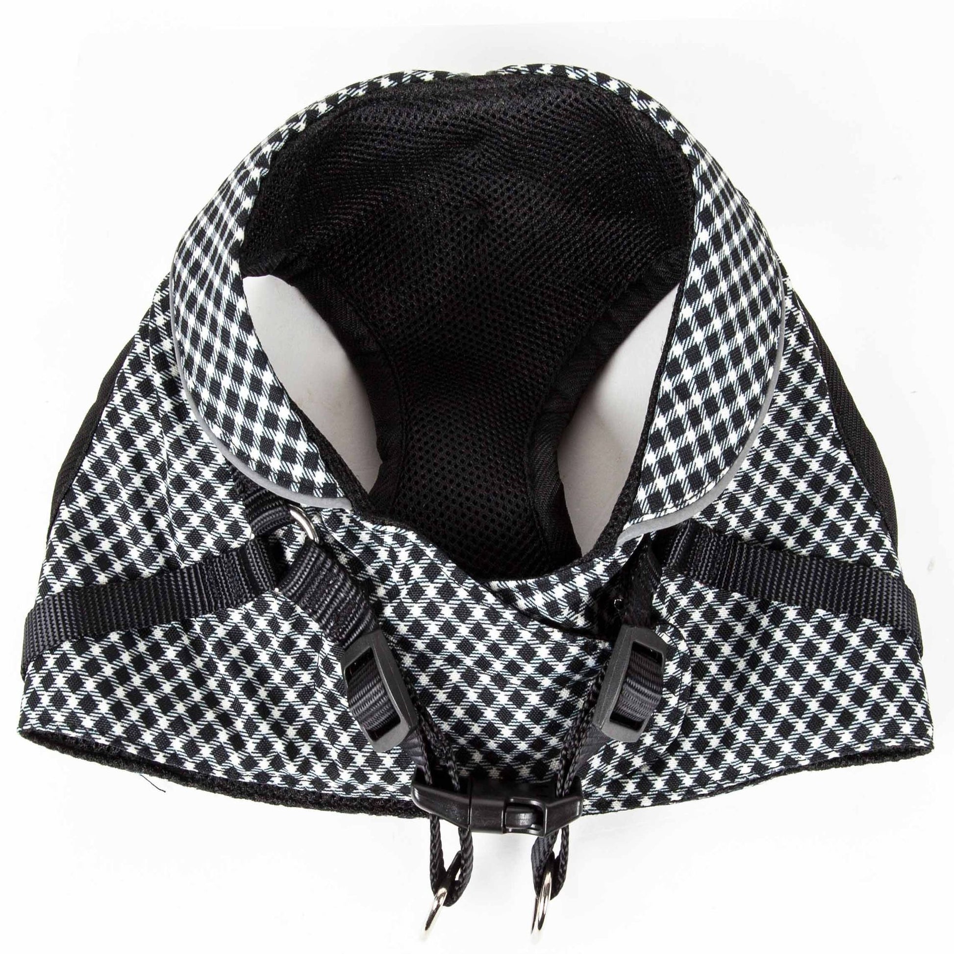 Black and white checkered adjustable dog harness with sturdy straps and breathable mesh lining
