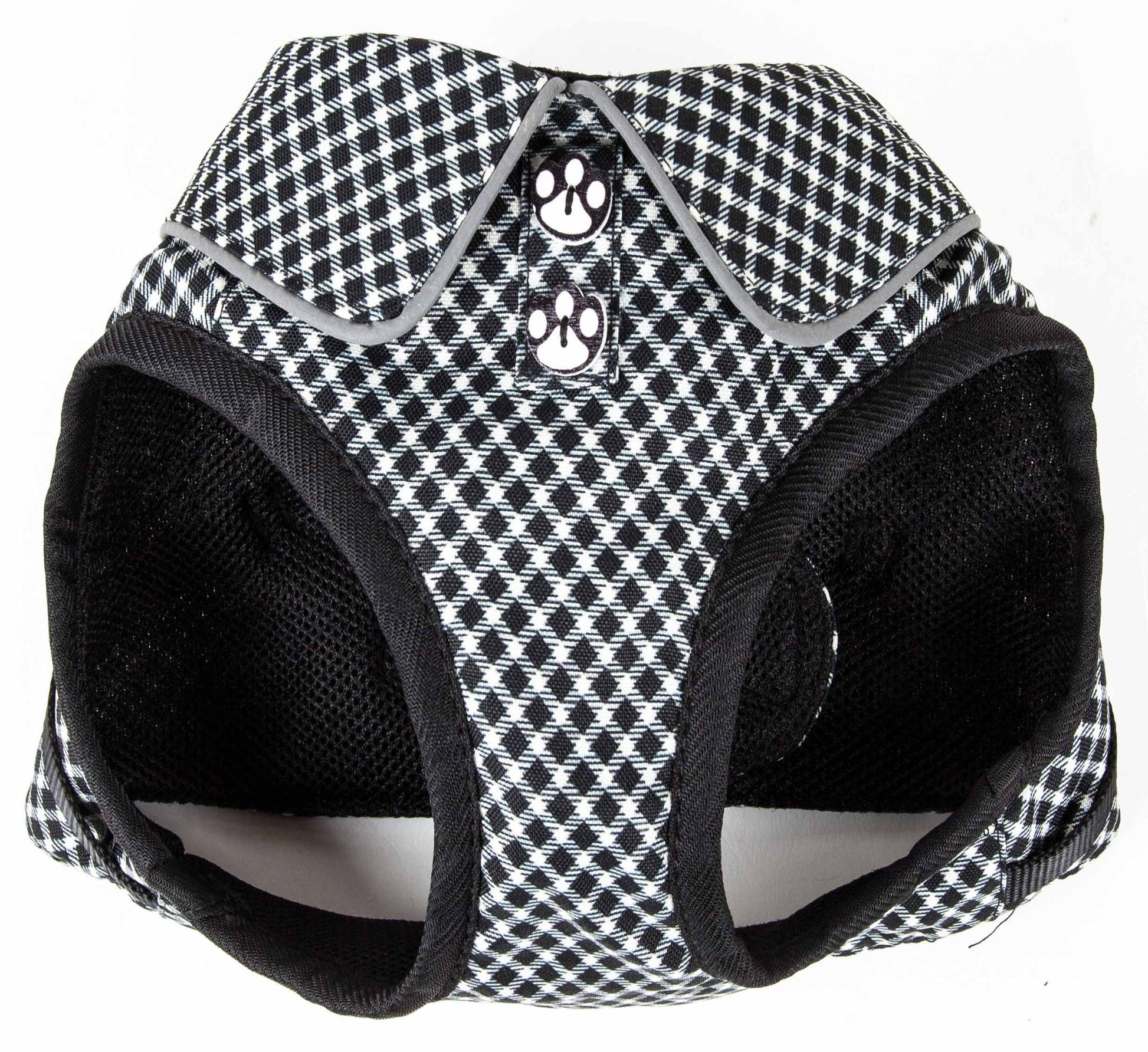 PawCounter.com black and white checkered adjustable dog harness with paw print buttons and breathable mesh