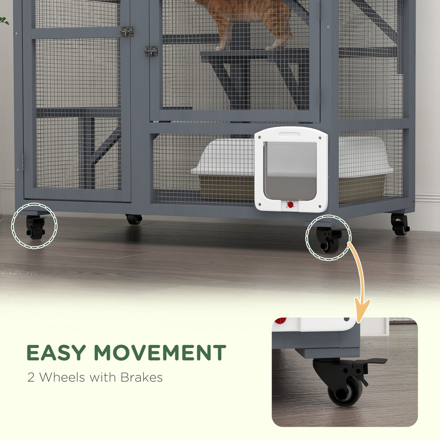 Indoor cat house on wheels featuring easy movement with two wheels and brakes for secure mobility