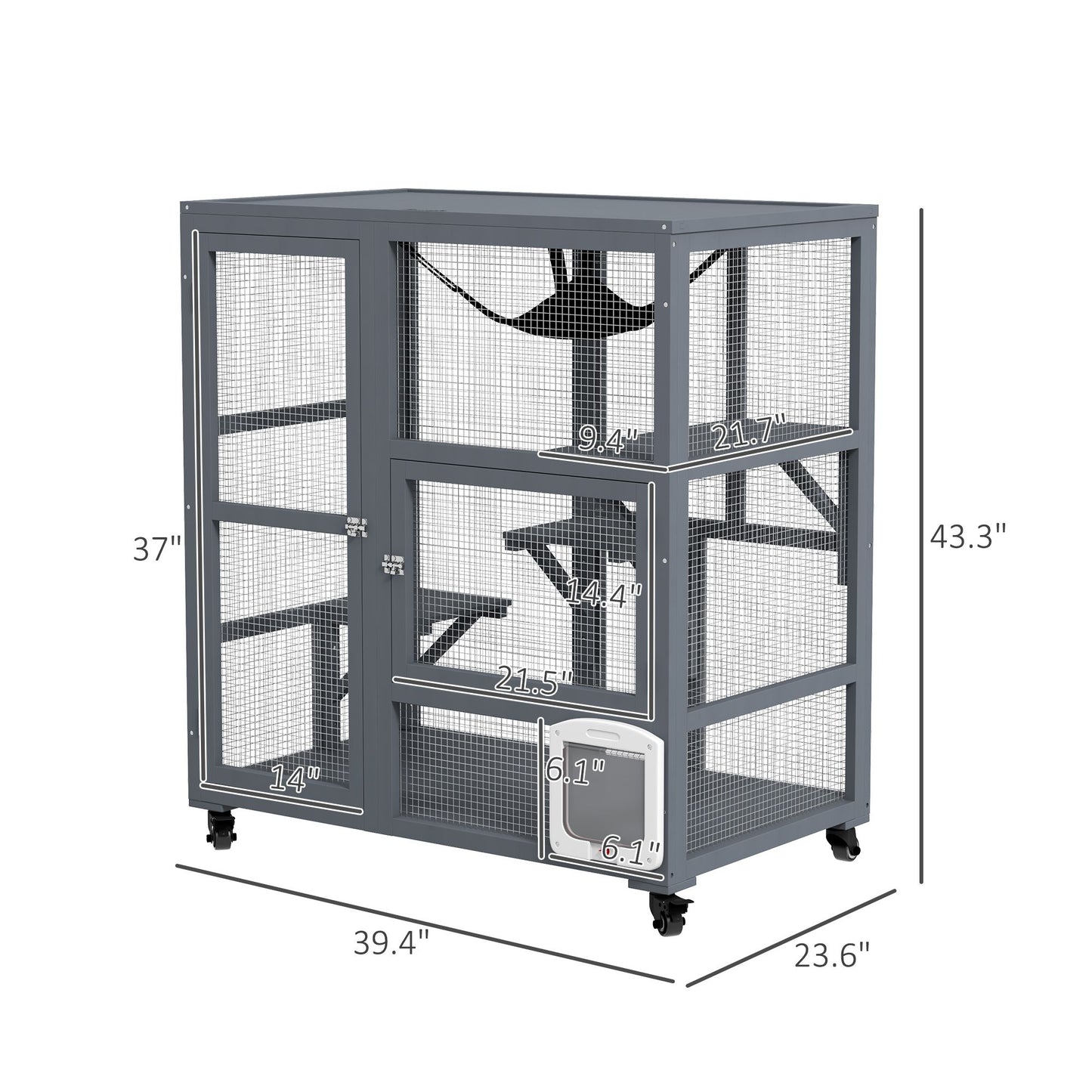 Gray indoor cat house on wheels with mesh sides and multiple platforms for cats