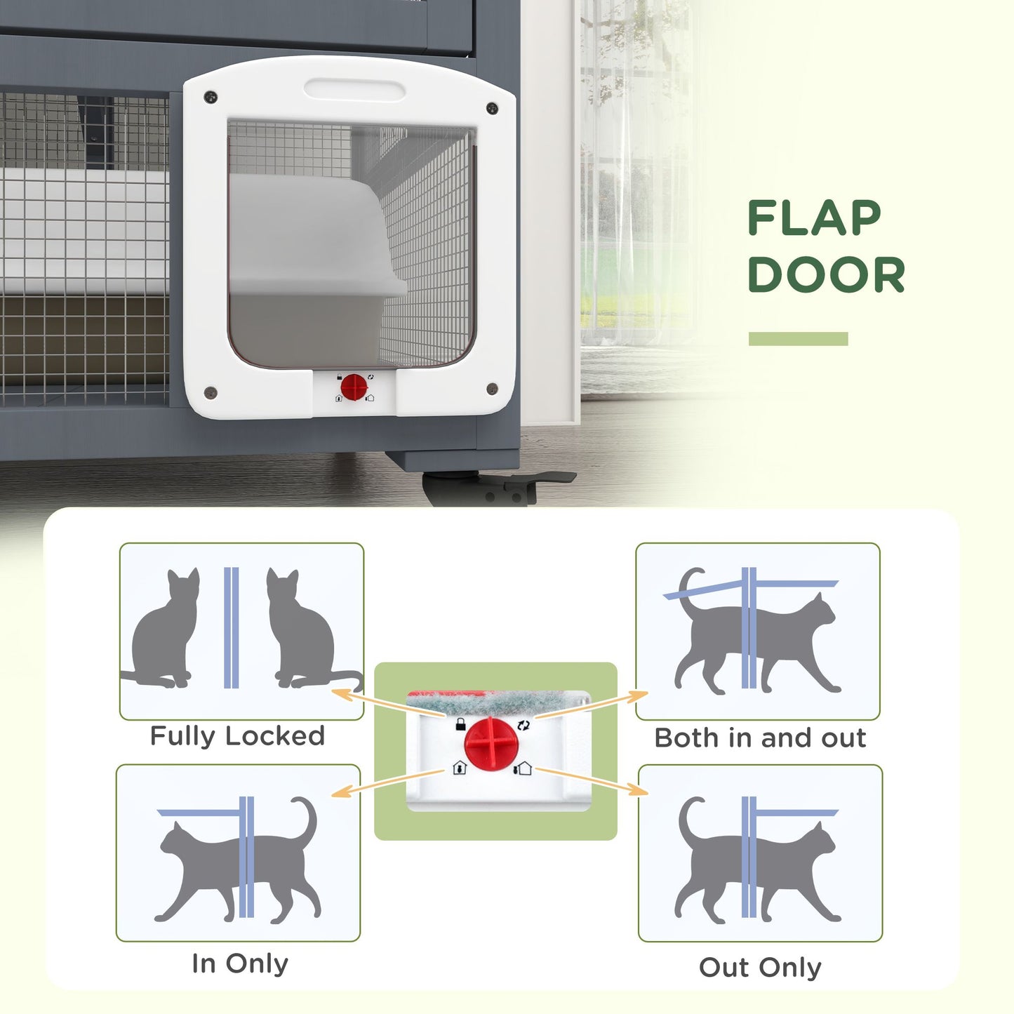 Indoor cat house on wheels flap door with adjustable locking settings for in, out, or fully locked