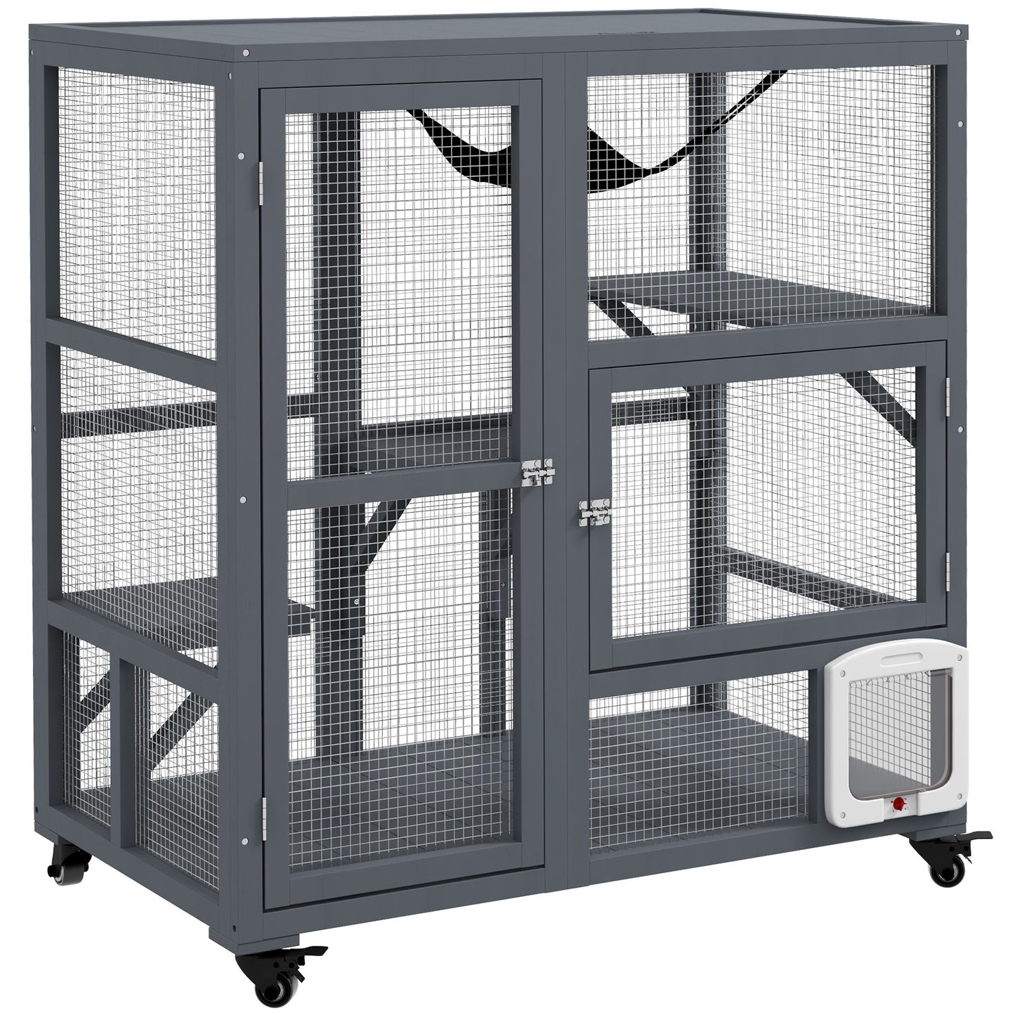 Gray metal indoor cat house on wheels with multiple levels and mesh sides for ventilation