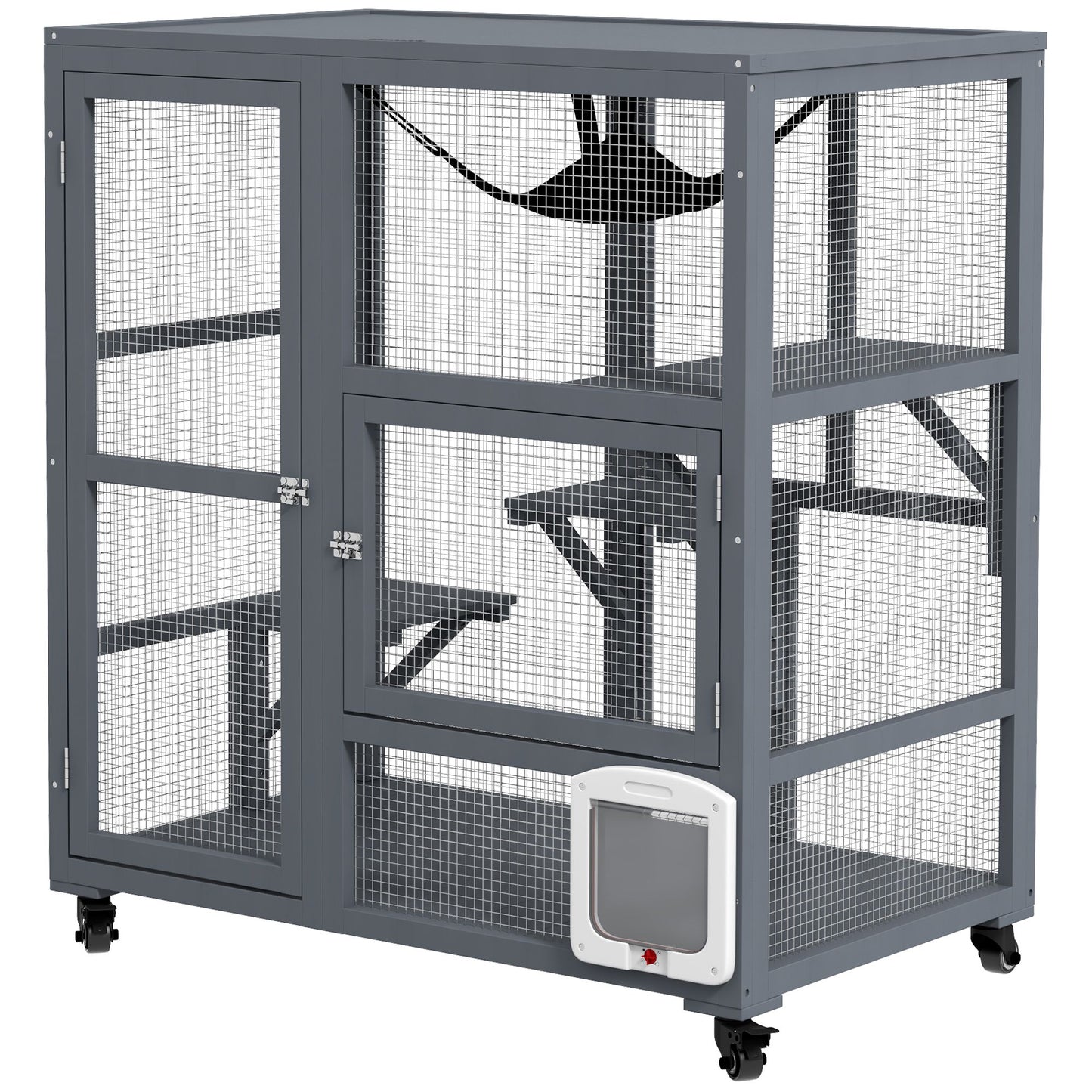 Gray indoor cat house on wheels with mesh sides and multiple platforms for climbing