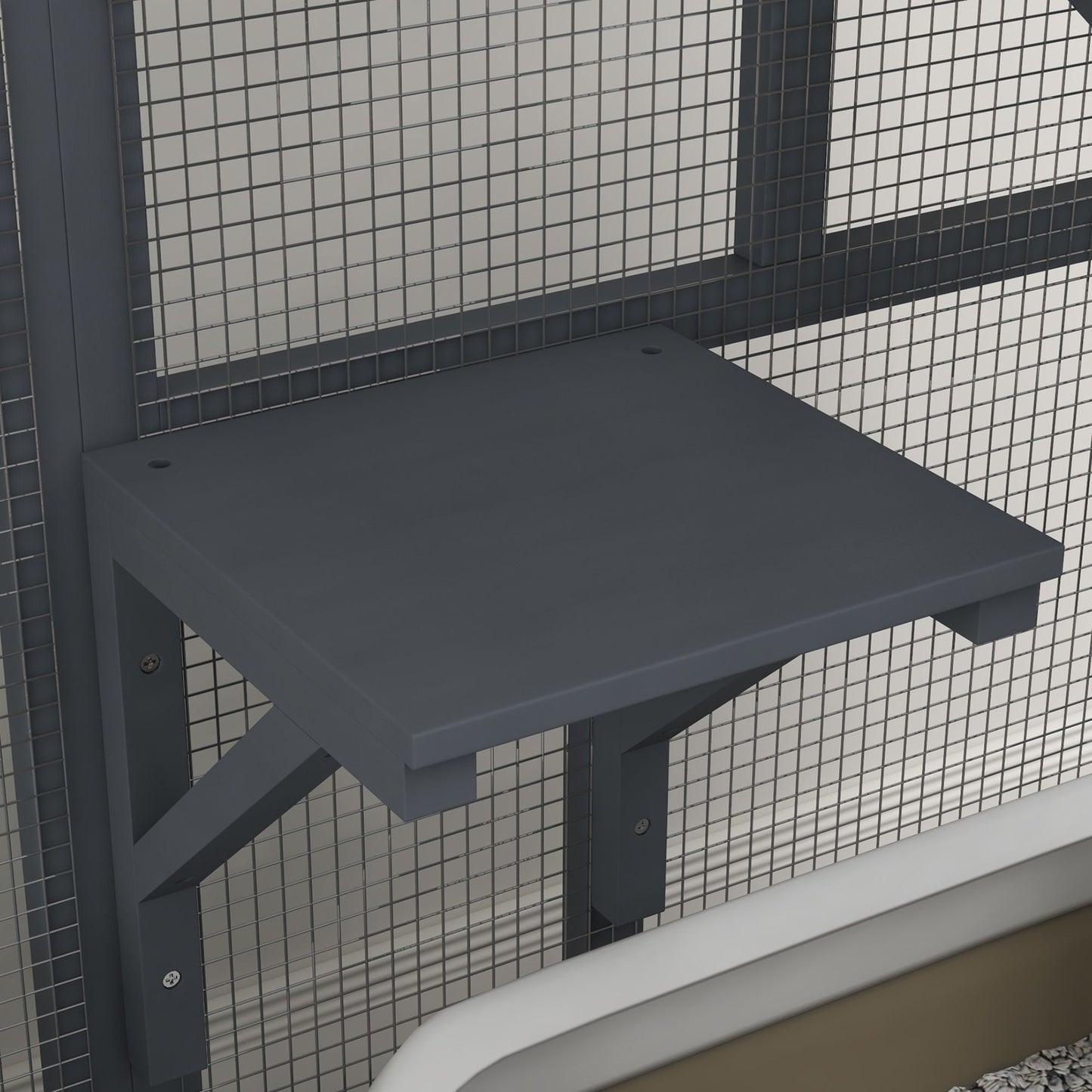 Dark gray wall-mounted platform shelf for indoor cat house on wheels with sturdy support brackets