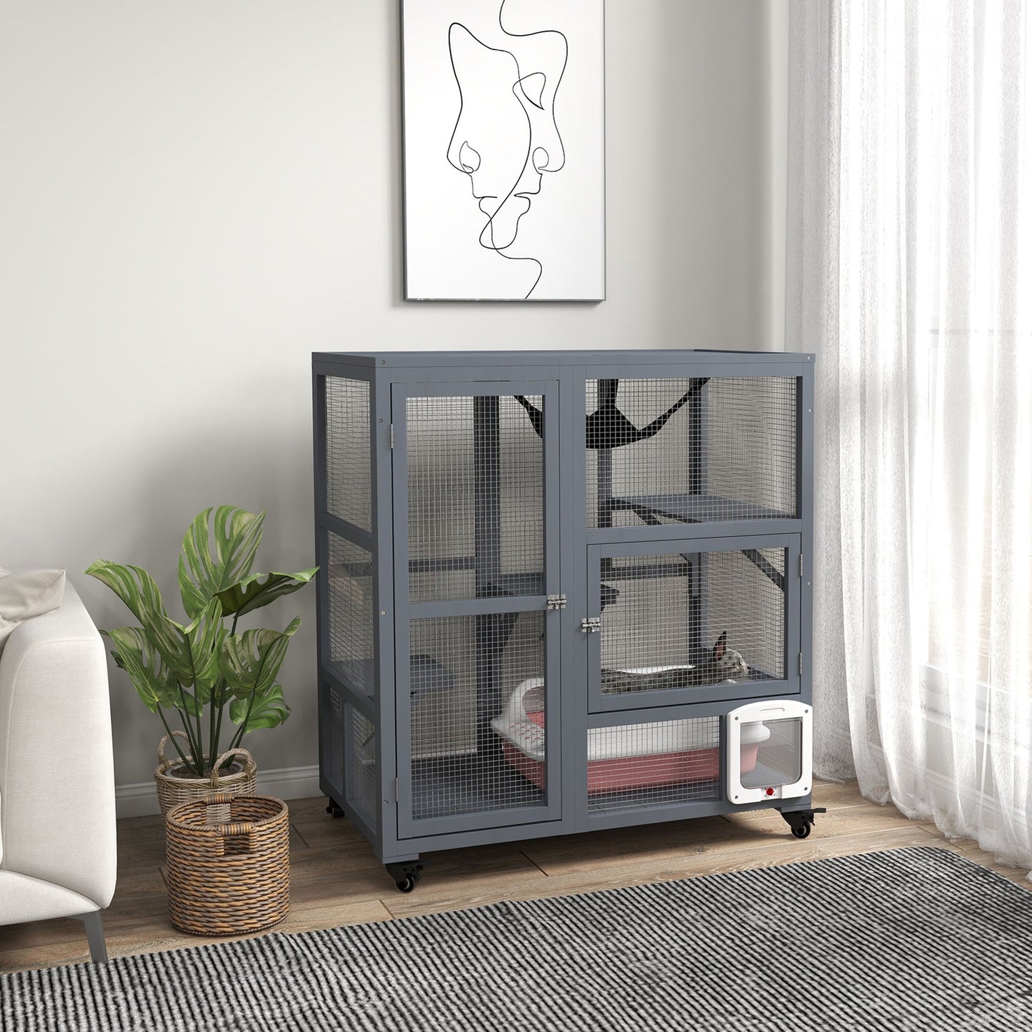 Gray indoor cat house on wheels with multiple levels and a small pet door in a modern living room