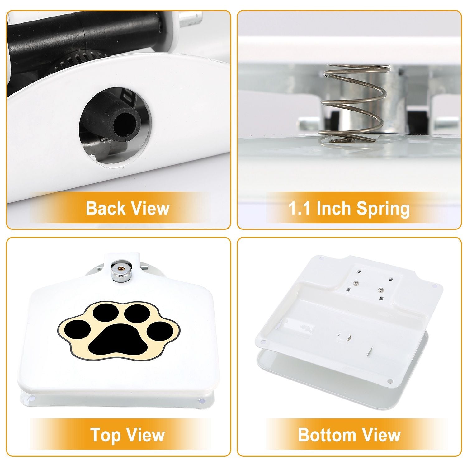 Outdoor dog water fountain detailed views showing back, spring, top with paw design, and bottom components