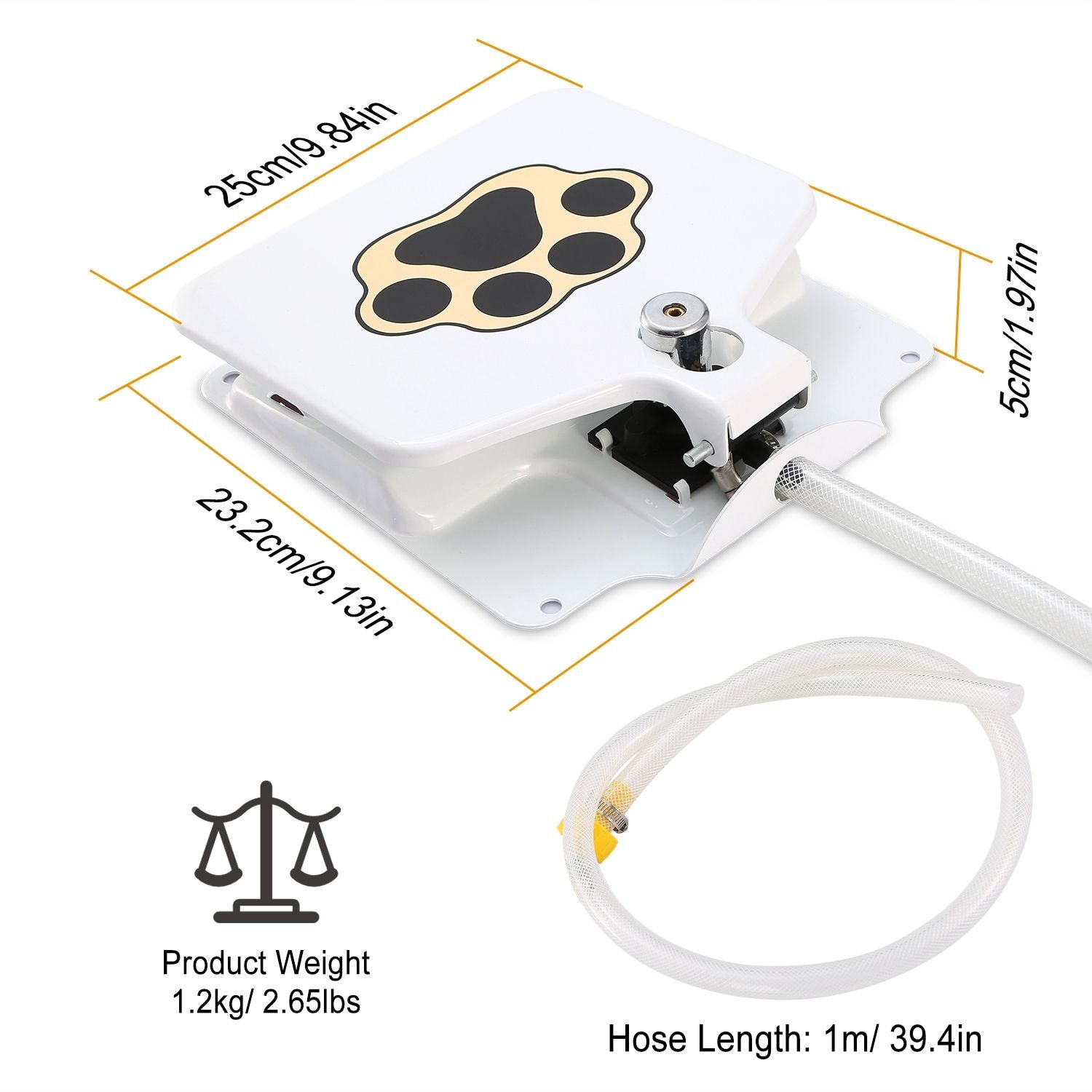 PawCounter.com outdoor dog water fountain with hose and paw print design measuring 9.84 by 9.13 inches